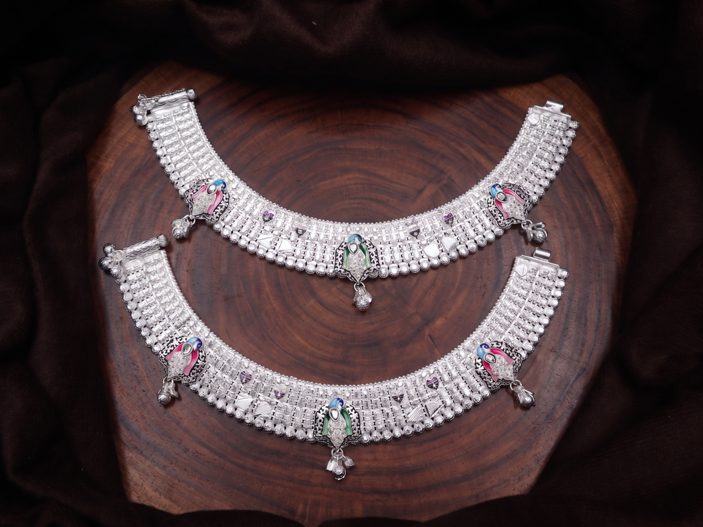 Traditional Peacock Motif Silver Payal with Enamel Work | Heavy Bridal Anklets with Hanging Ghungroo Charms | Ethnic Multi-Color Meenakari Leg Chains for Women
