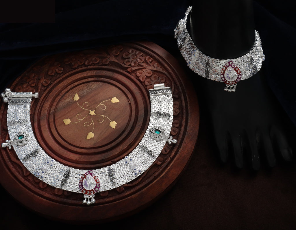 R Plus Royal Meenakari Bridal Payal - Heavy Wide Mesh Silver Plated Anklets with Maroon Enamel