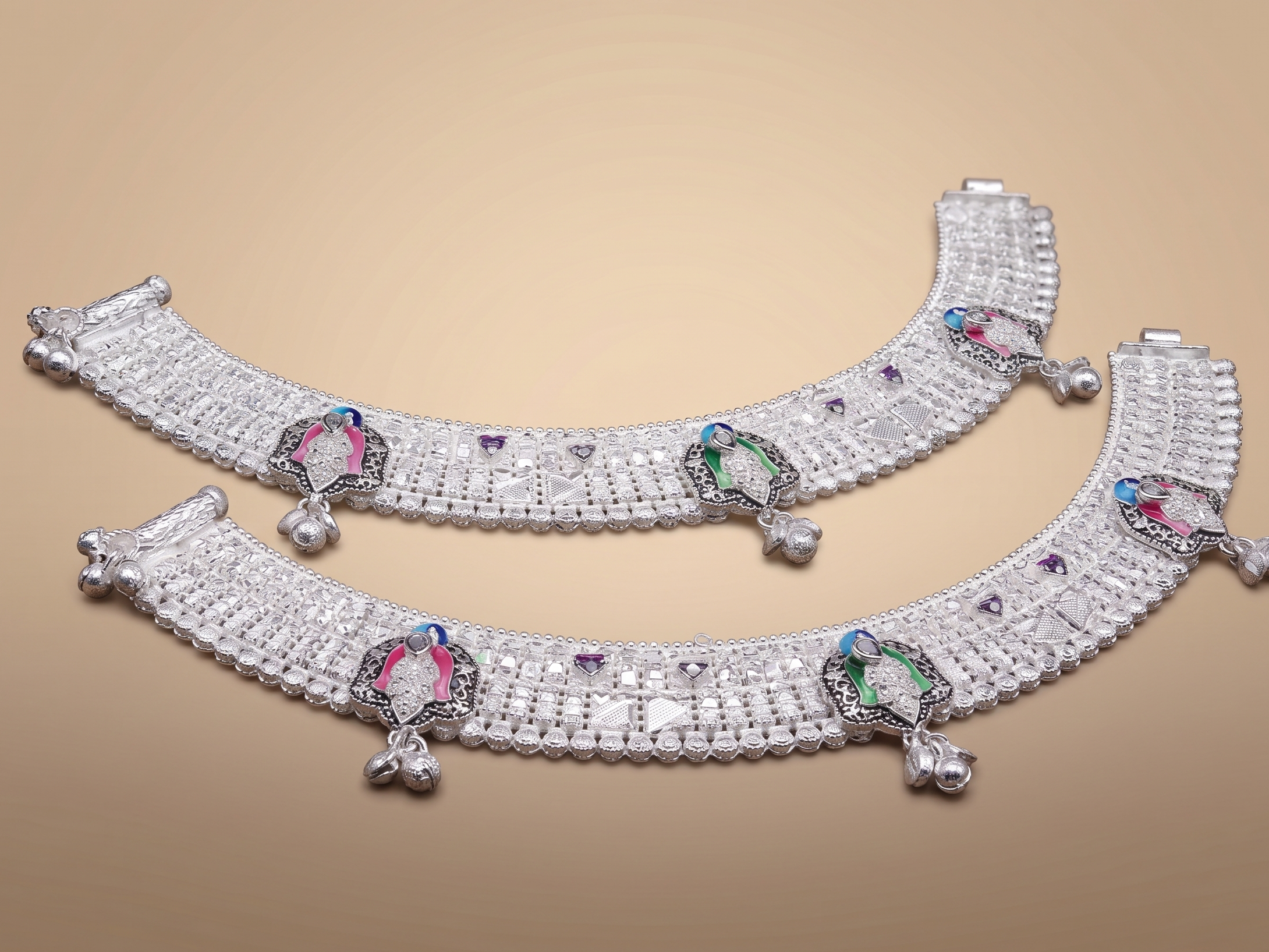 Traditional Peacock Motif Silver Payal with Enamel Work | Heavy Bridal Anklets with Hanging Ghungroo Charms | Ethnic Multi-Color Meenakari Leg Chains for Women