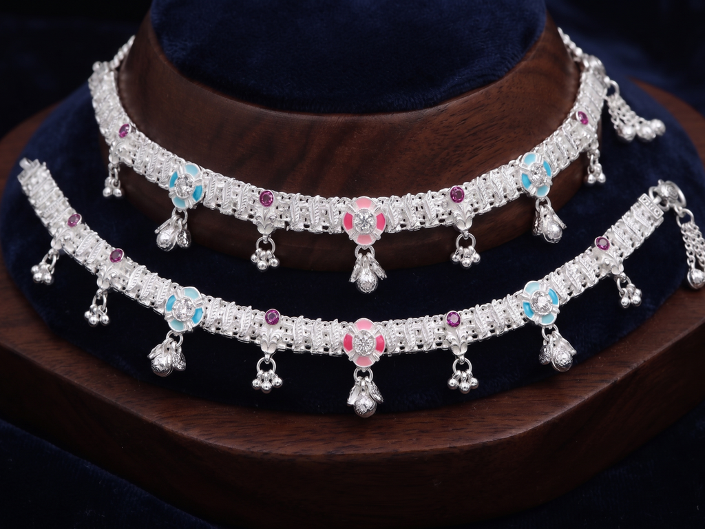Elegant German Silver Fancy Payal | 0 Touch Silver Plated Artificial Anklet