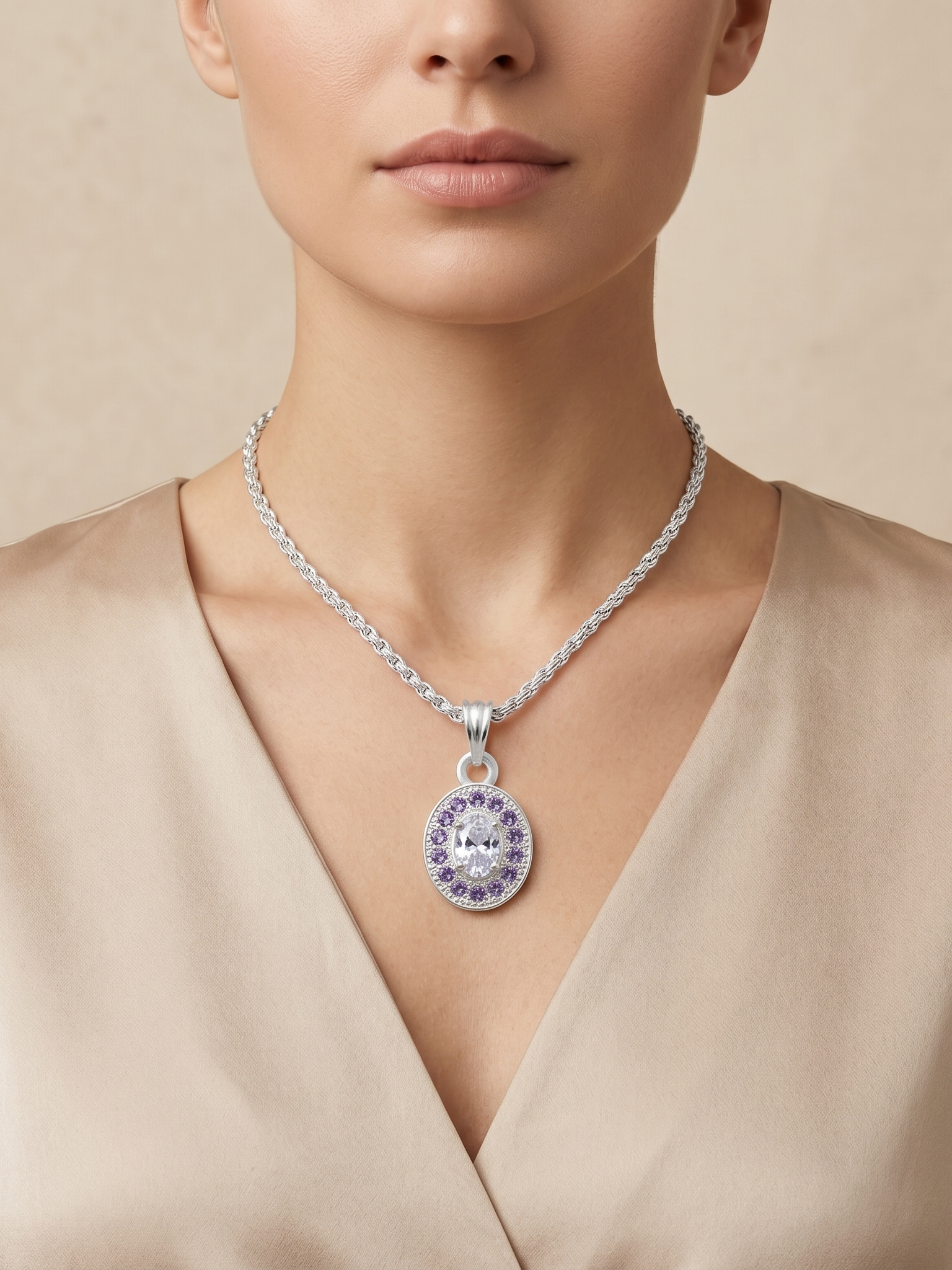 Luxury Oval Crystal Pendant Necklace | German Silver 0 Touch Silver Plated Jewellery