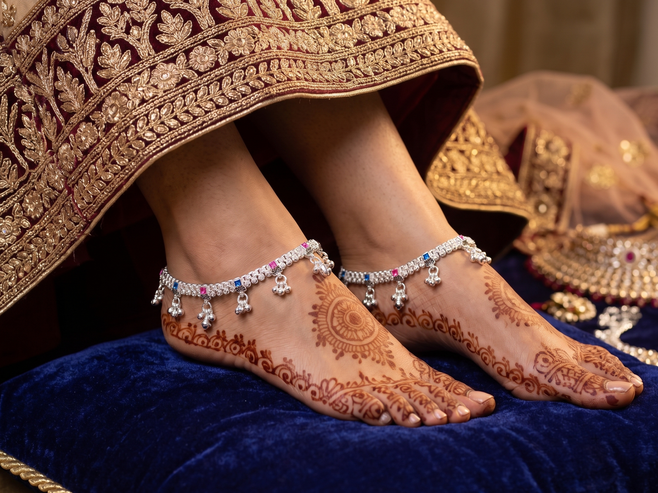 Royal Charm Color Stone Payal Pair – Traditional Silver Look Anklet