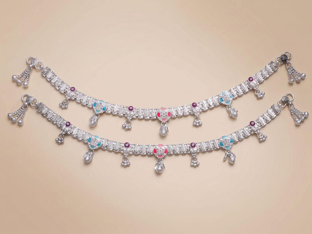Elegant German Silver Fancy Payal | 0 Touch Silver Plated Artificial Anklet