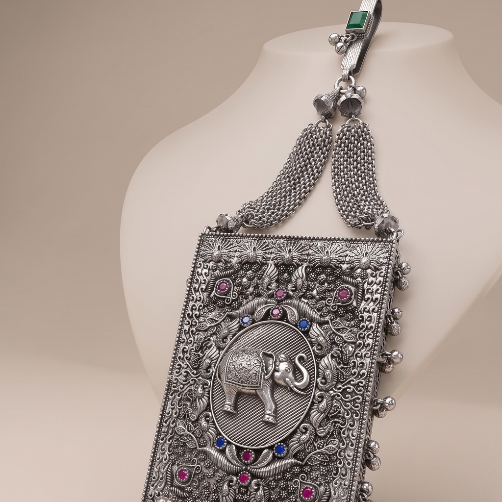R Plus Antique German Silver Hip Ornament - Intricate Elephant Carved Chabi Challa with Stone Accents