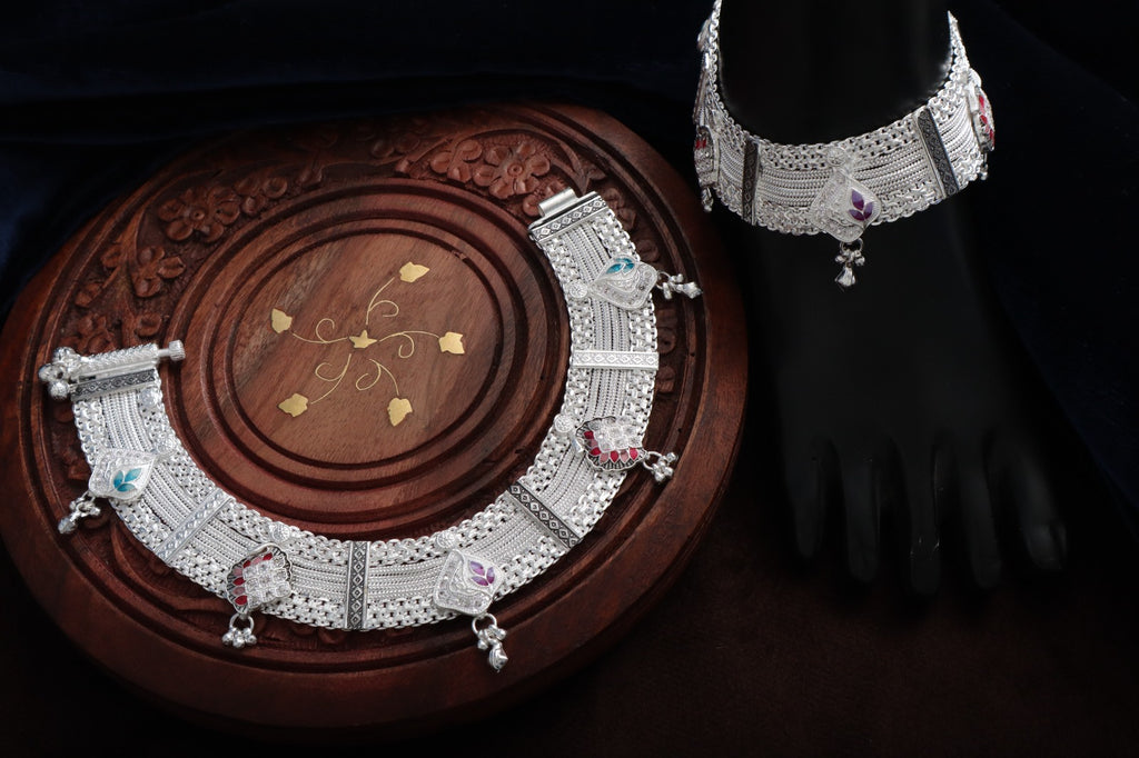 R Plus Royal Meenakari Bridal Payal - Heavy Wide Mesh Silver Plated Anklets with Maroon Enamel