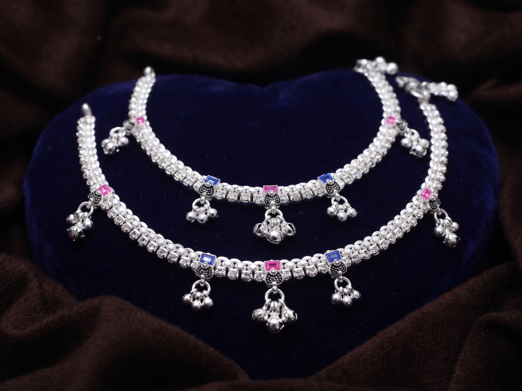 Royal Charm Color Stone Payal Pair – Traditional Silver Look Anklet