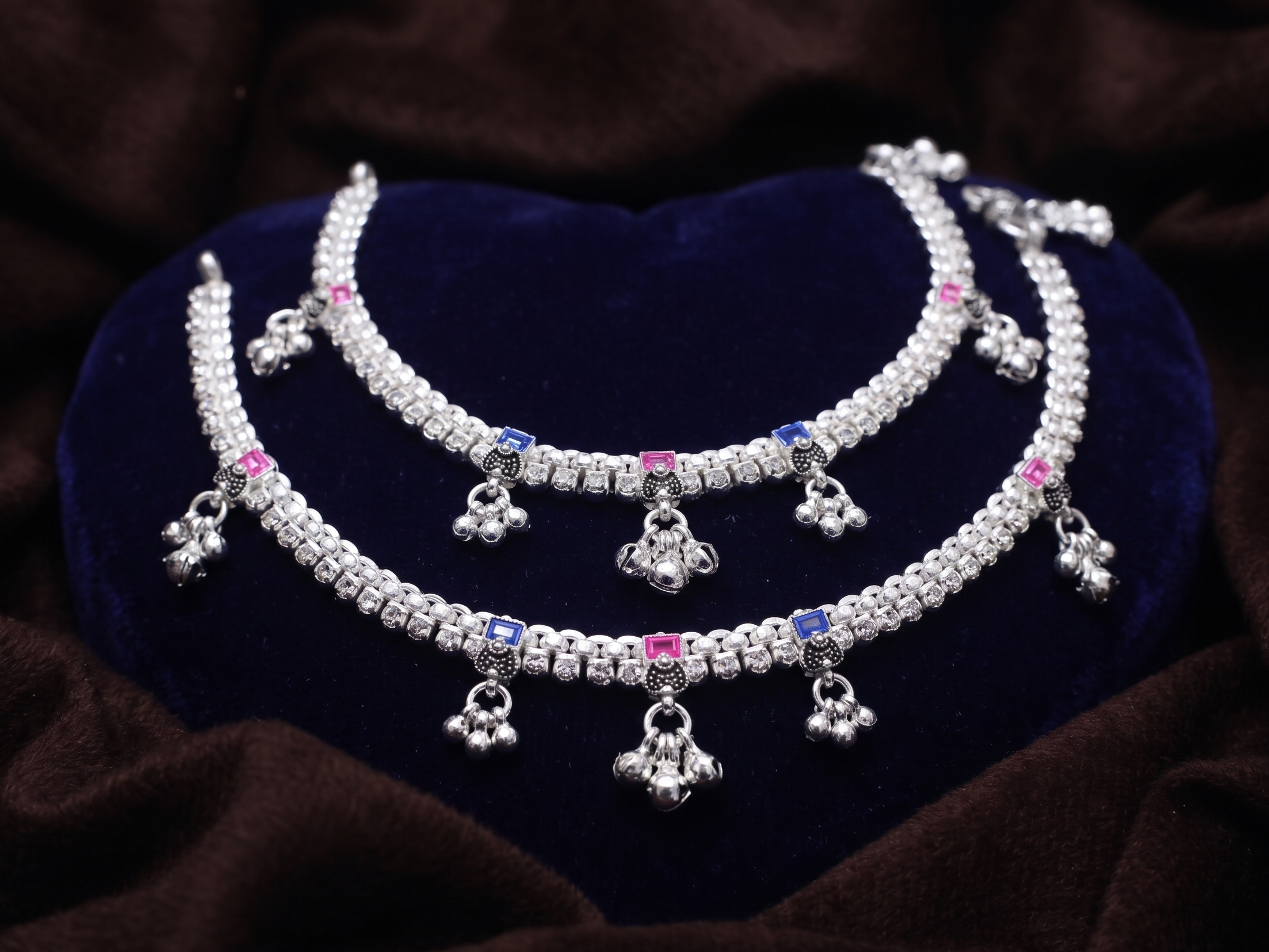 Royal Charm Color Stone Payal Pair – Traditional Silver Look Anklet
