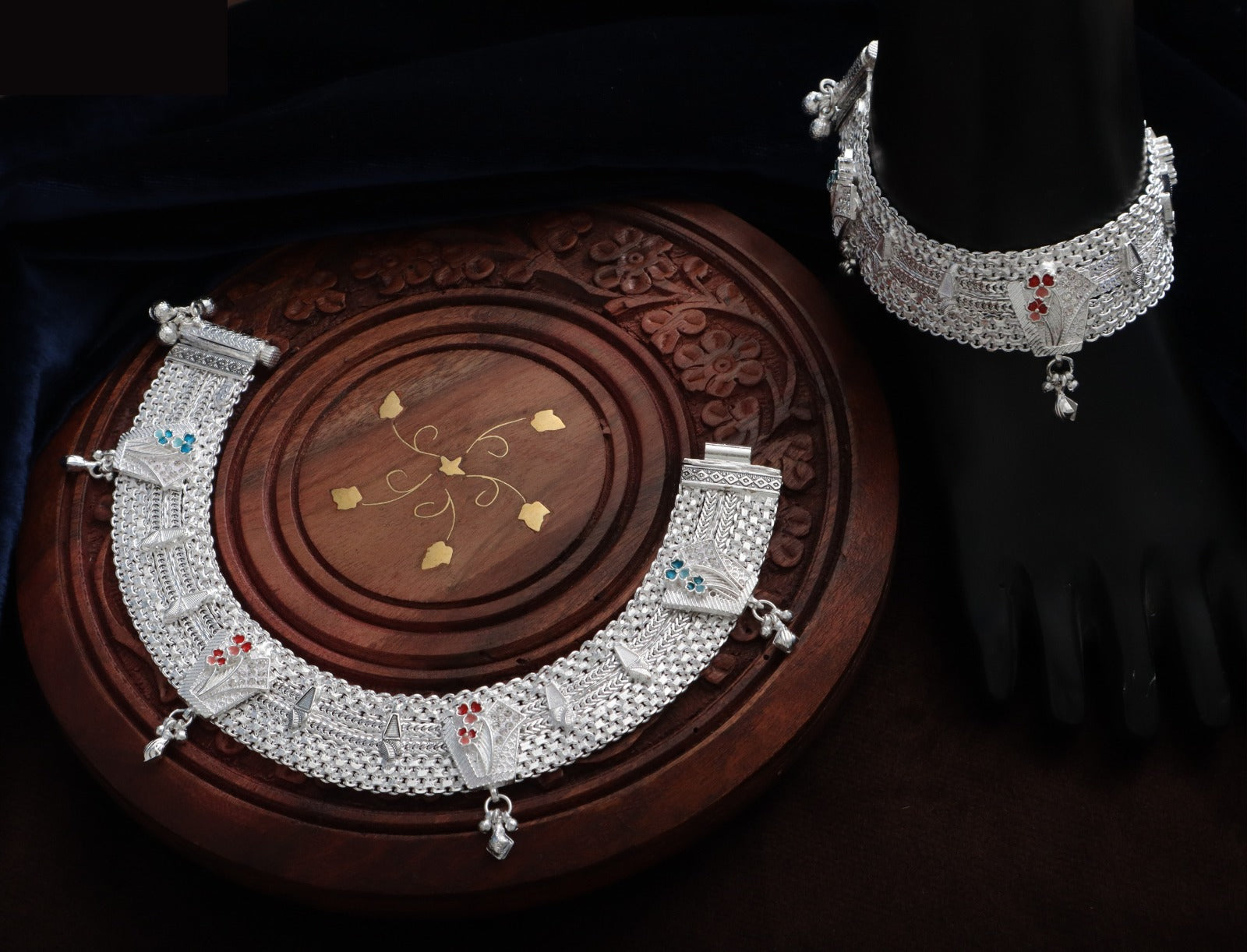 R Plus Royal Meenakari Bridal Payal - Heavy Wide Mesh Silver Plated Anklets with Maroon Enamel