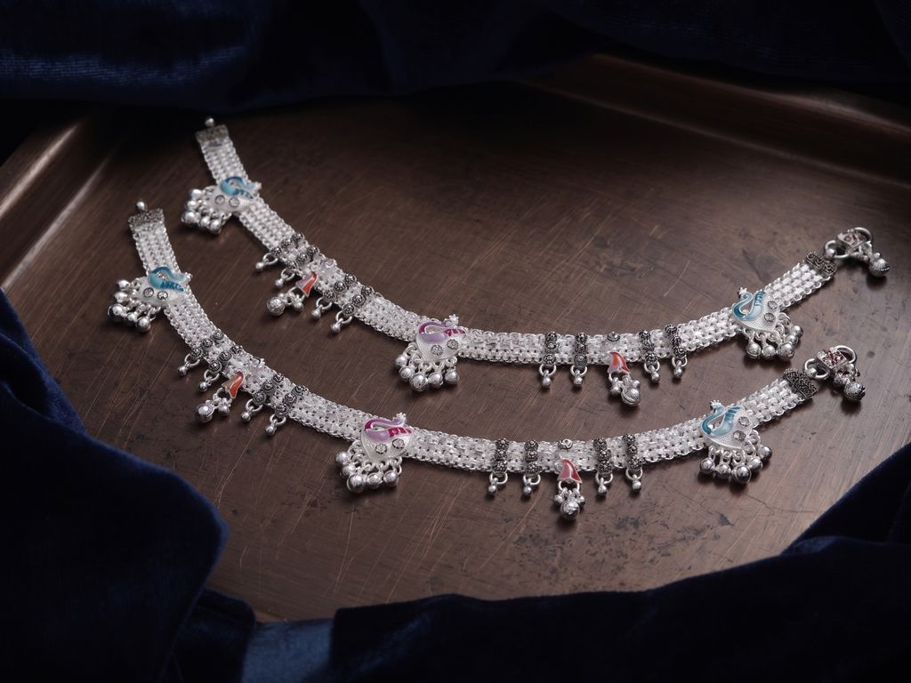 Elegant German Silver Fancy Payal | 0 Touch Silver Plated Artificial Anklet