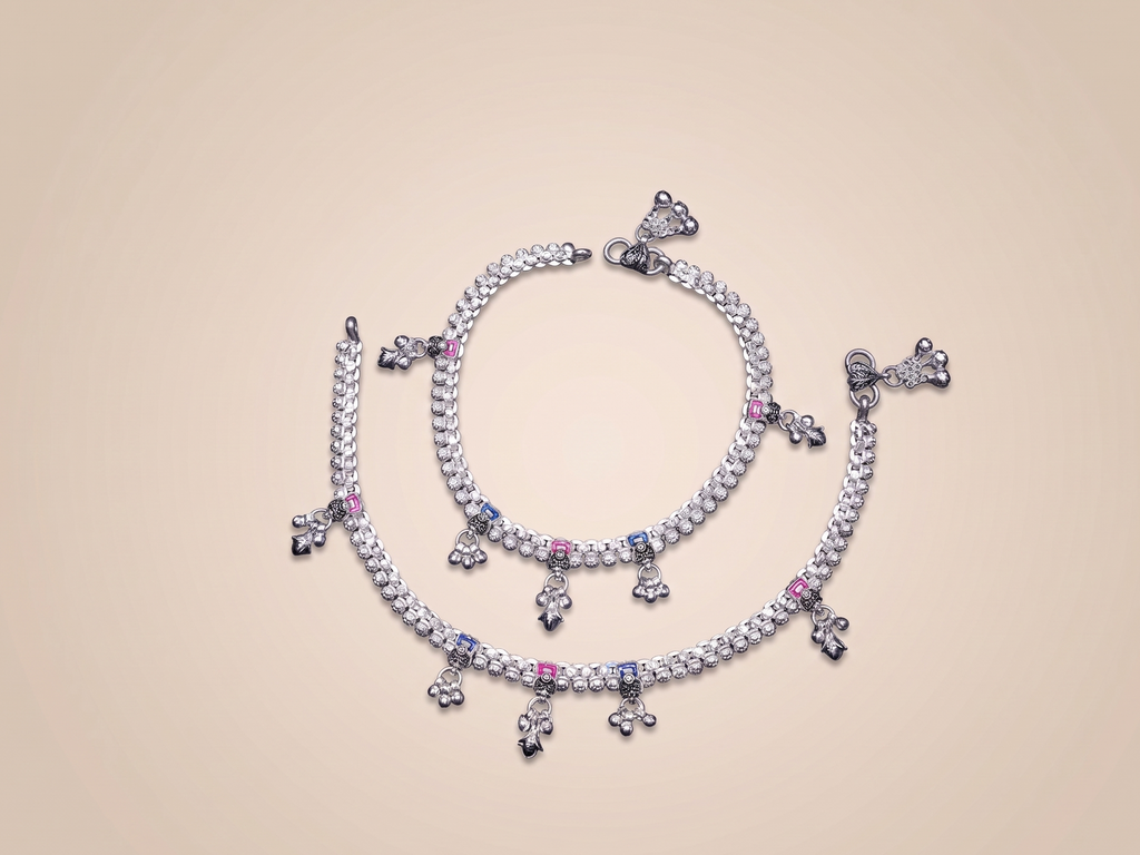 Royal Charm Color Stone Payal Pair – Traditional Silver Look Anklet