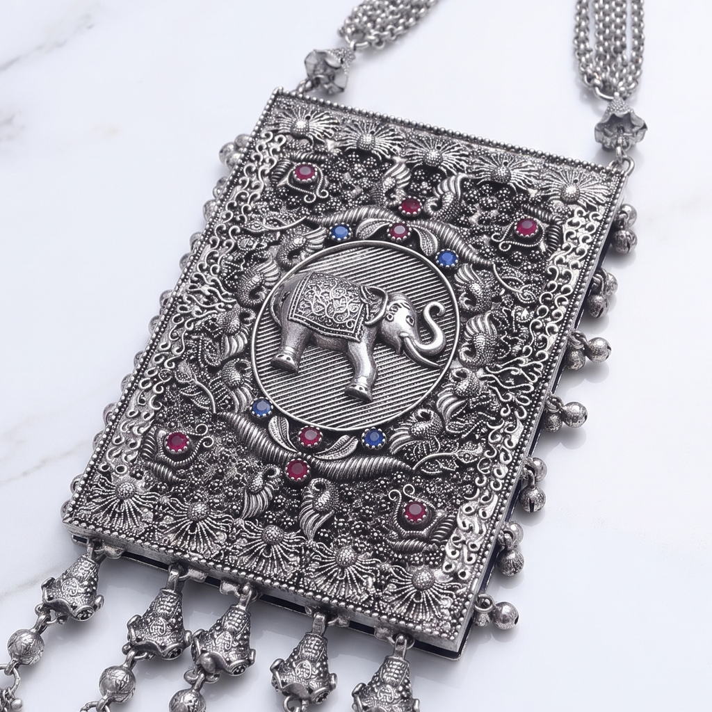 R Plus Antique German Silver Hip Ornament - Intricate Elephant Carved Chabi Challa with Stone Accents