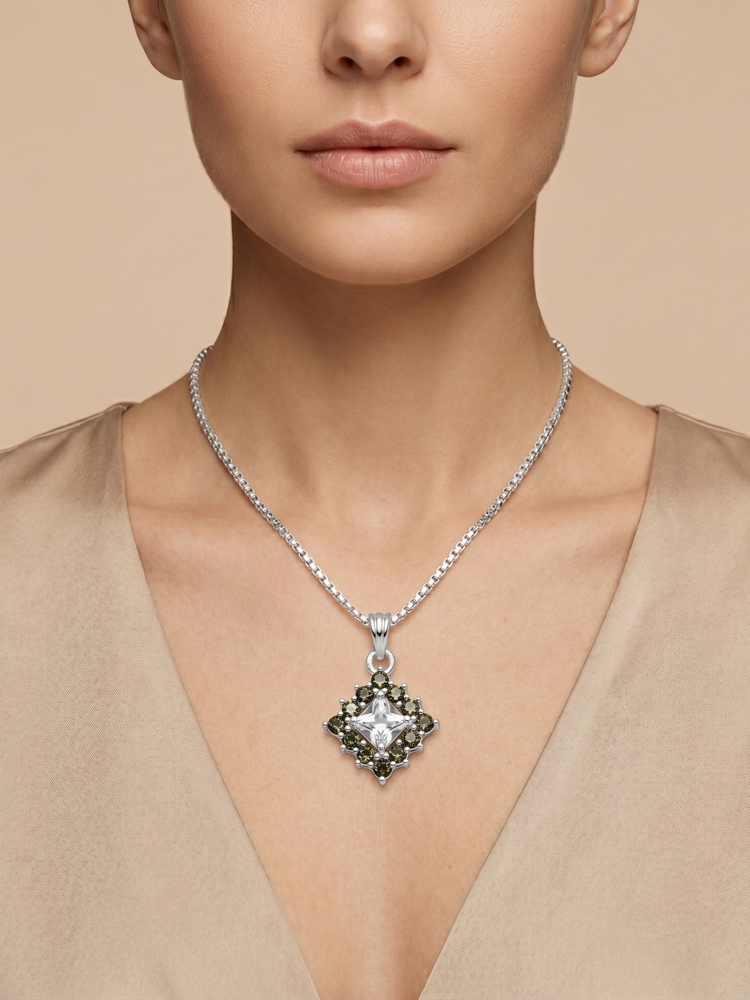 Luxury Oval Crystal Pendant Necklace | German Silver 0 Touch Silver Plated Jewellery