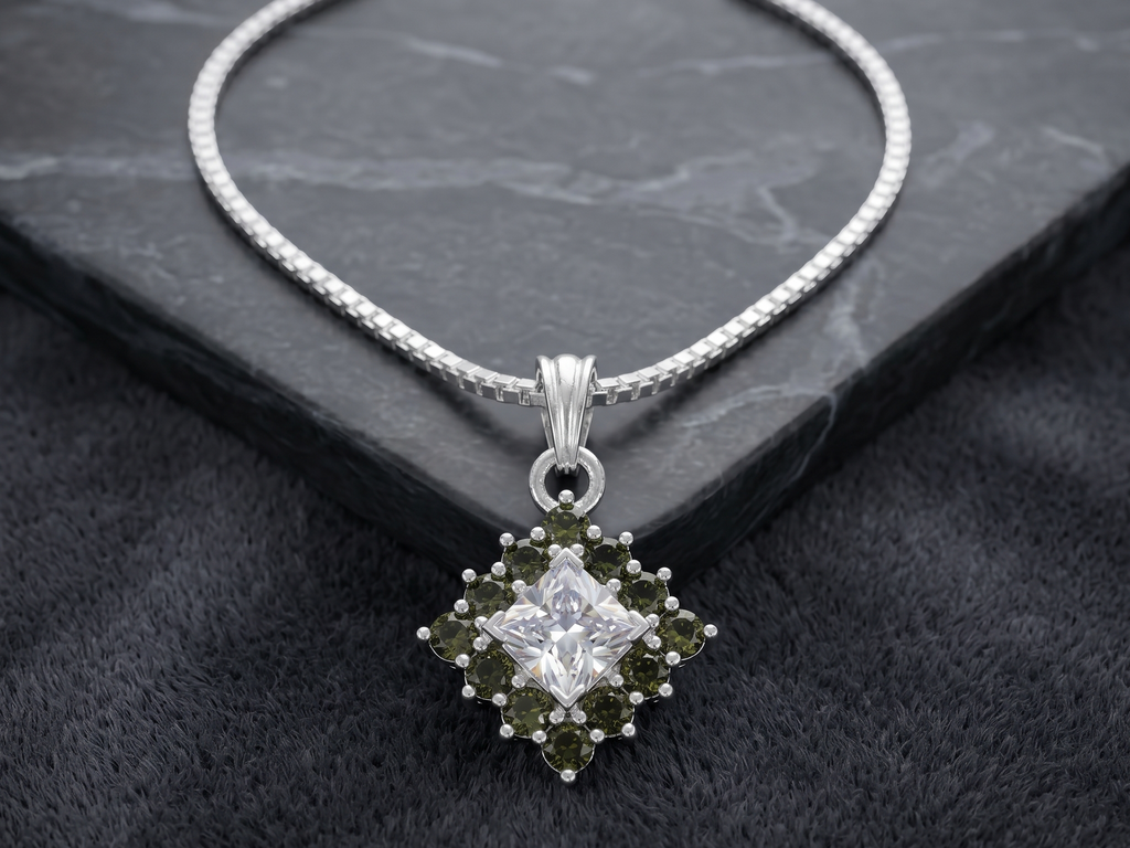 Luxury Oval Crystal Pendant Necklace | German Silver 0 Touch Silver Plated Jewellery