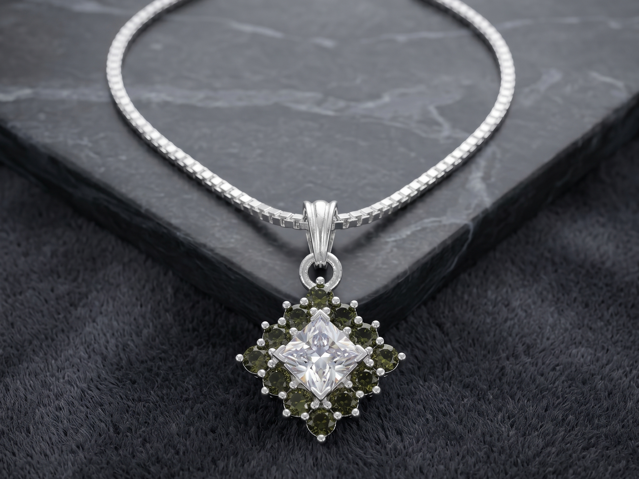 Luxury Oval Crystal Pendant Necklace | German Silver 0 Touch Silver Plated Jewellery