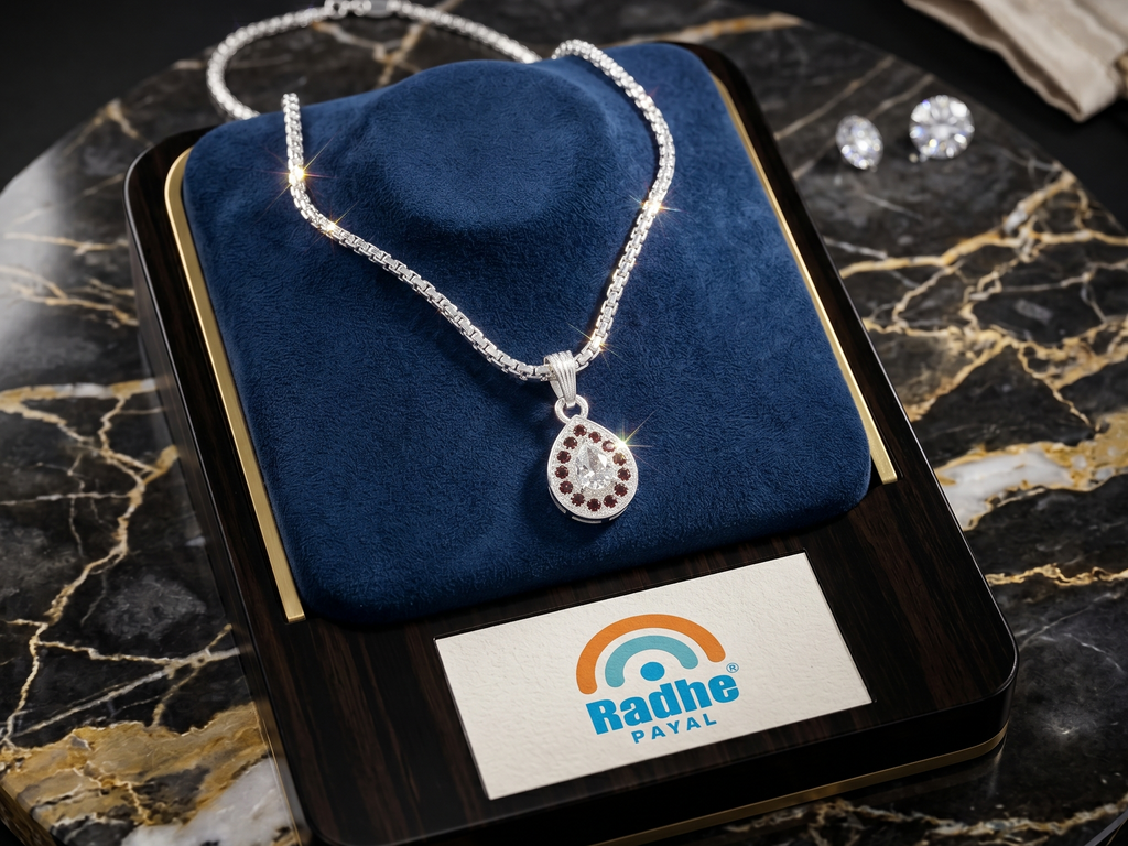Luxury Oval Crystal Pendant Necklace | German Silver 0 Touch Silver Plated Jewellery