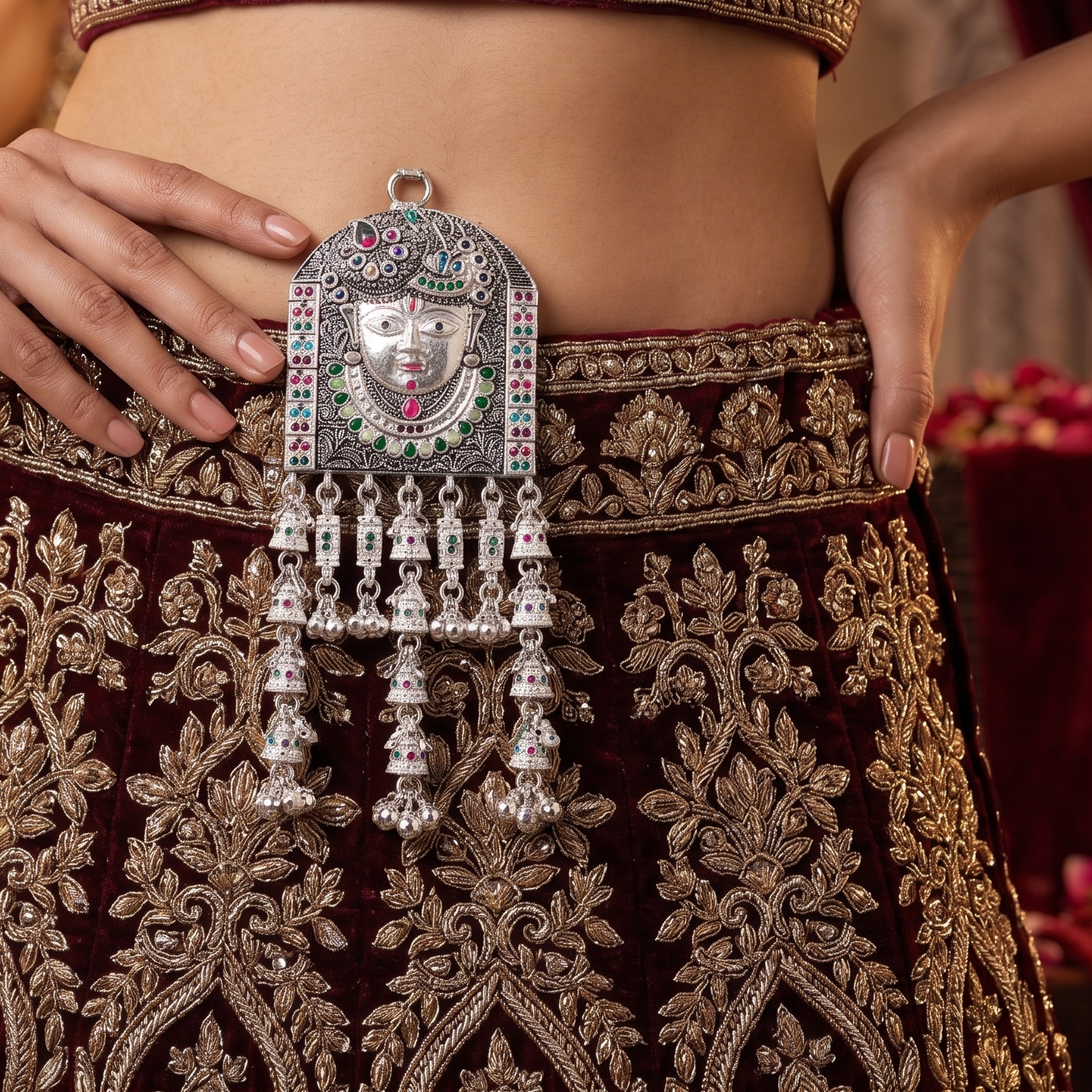 Divine Goddess Face Heritage Kandora with Bell Tassels by Radhe Payal