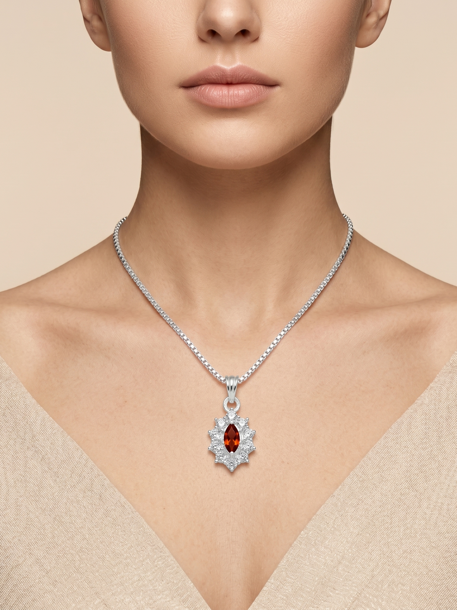 Luxury Oval Crystal Pendant Necklace | German Silver 0 Touch Silver Plated Jewellery