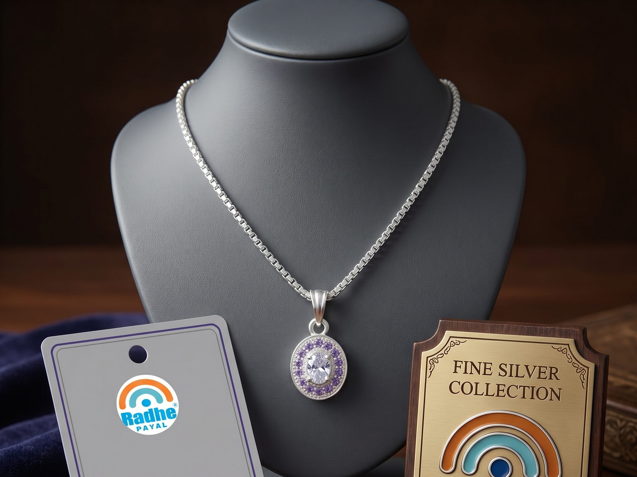 Luxury Oval Crystal Pendant Necklace | German Silver 0 Touch Silver Plated Jewellery