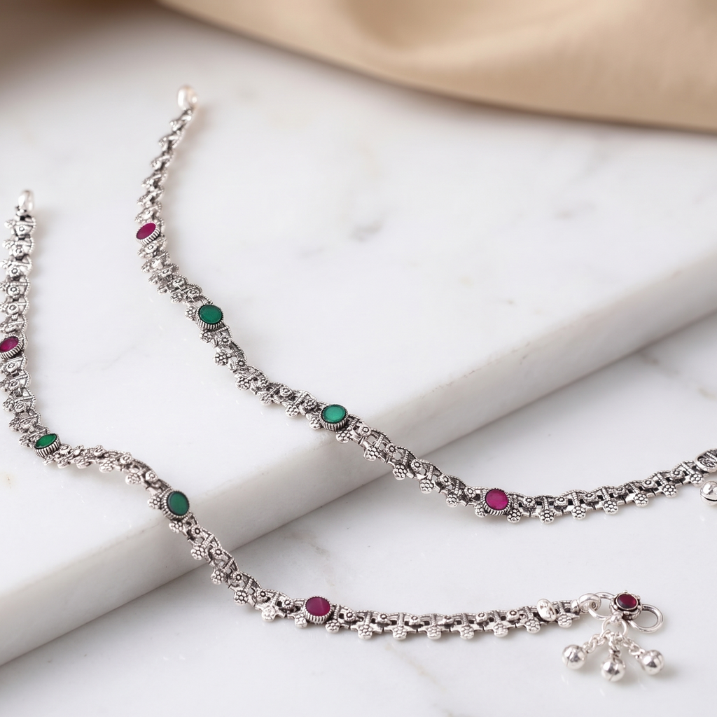 Antique Oxidized Ruby & Emerald Chain Payal by Radhe Payal