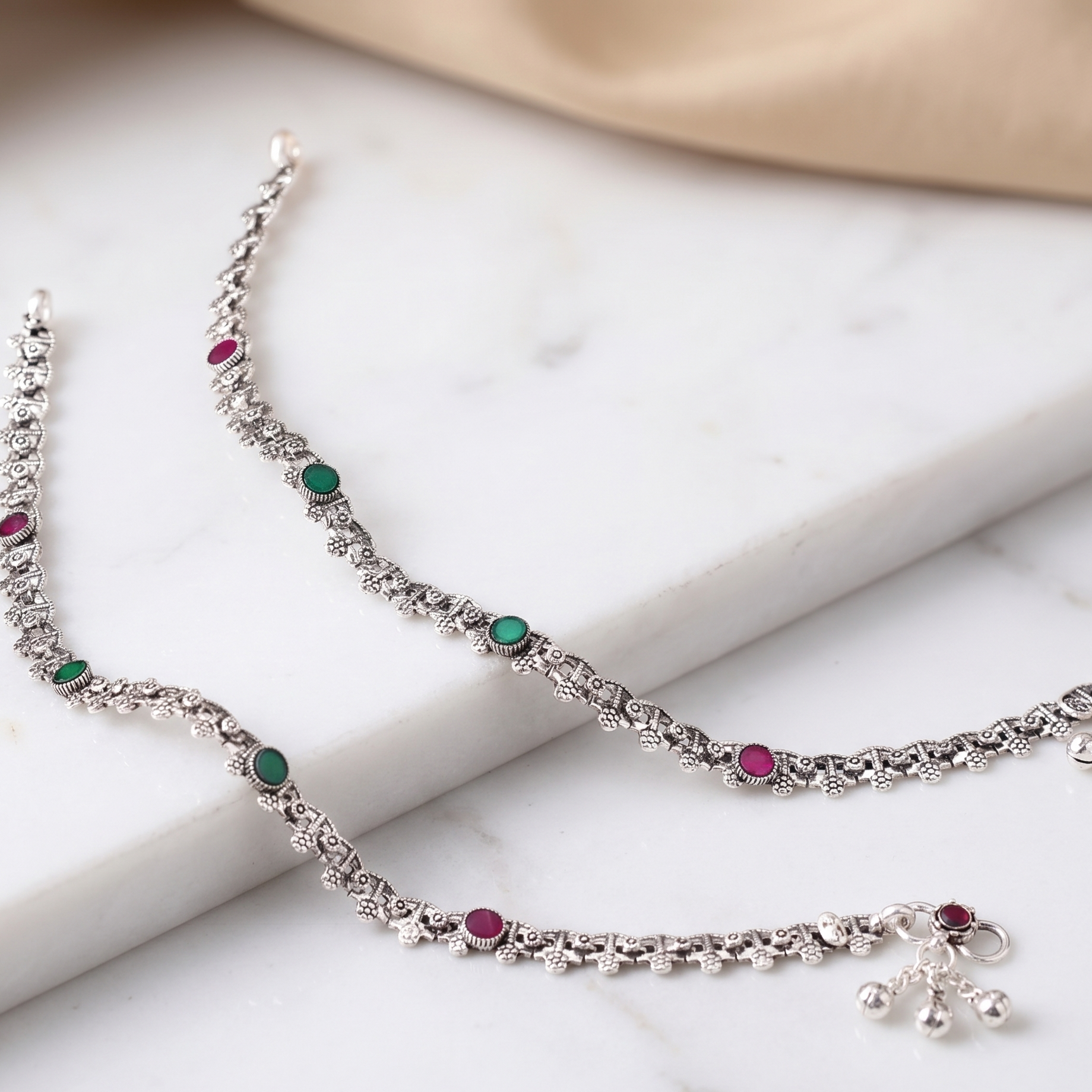 Antique Oxidized Ruby & Emerald Chain Payal by Radhe Payal