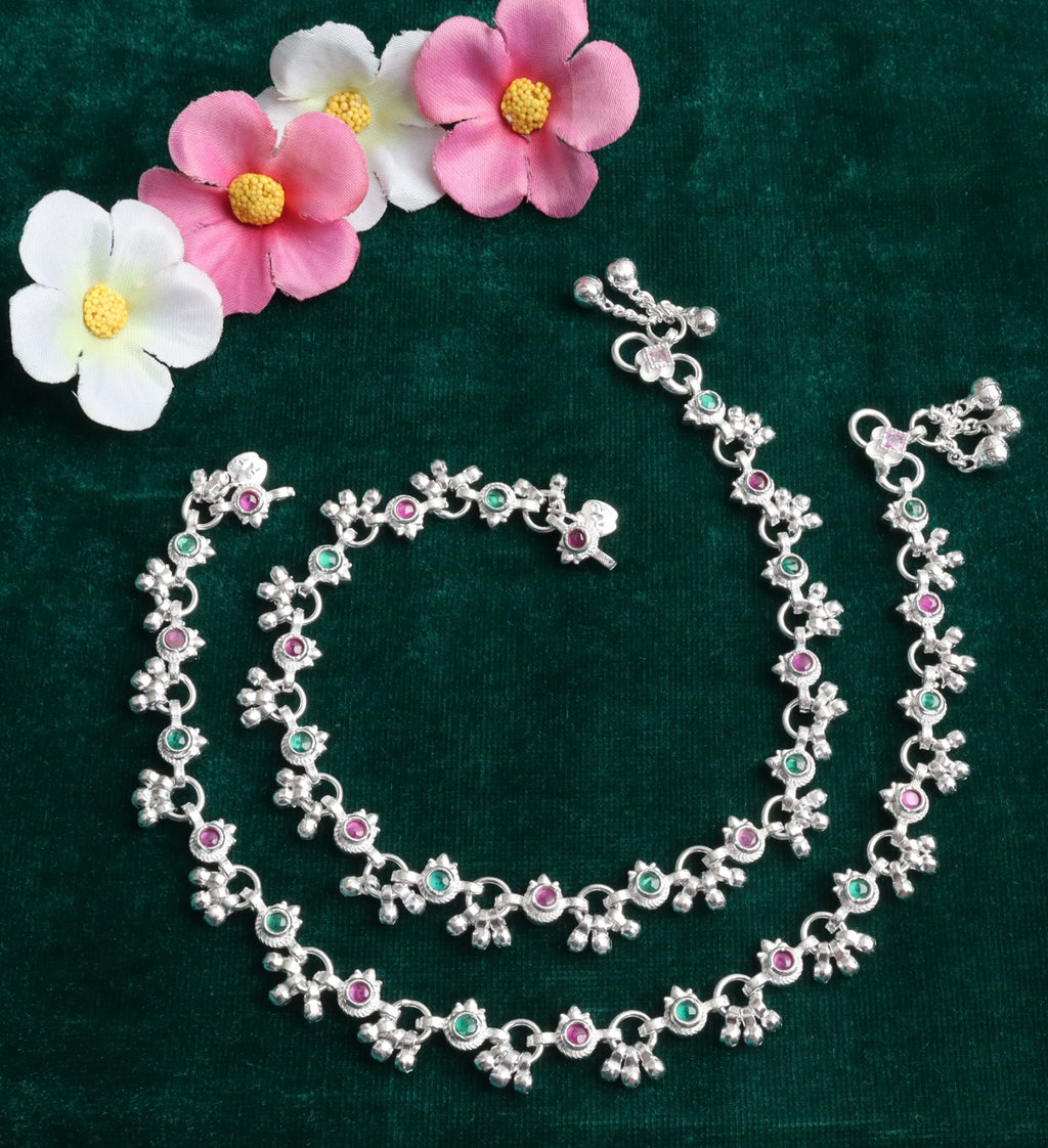 Premium German Silver White Metal Payal with Multicolor Stone Design & Elegant Traditional Finish
