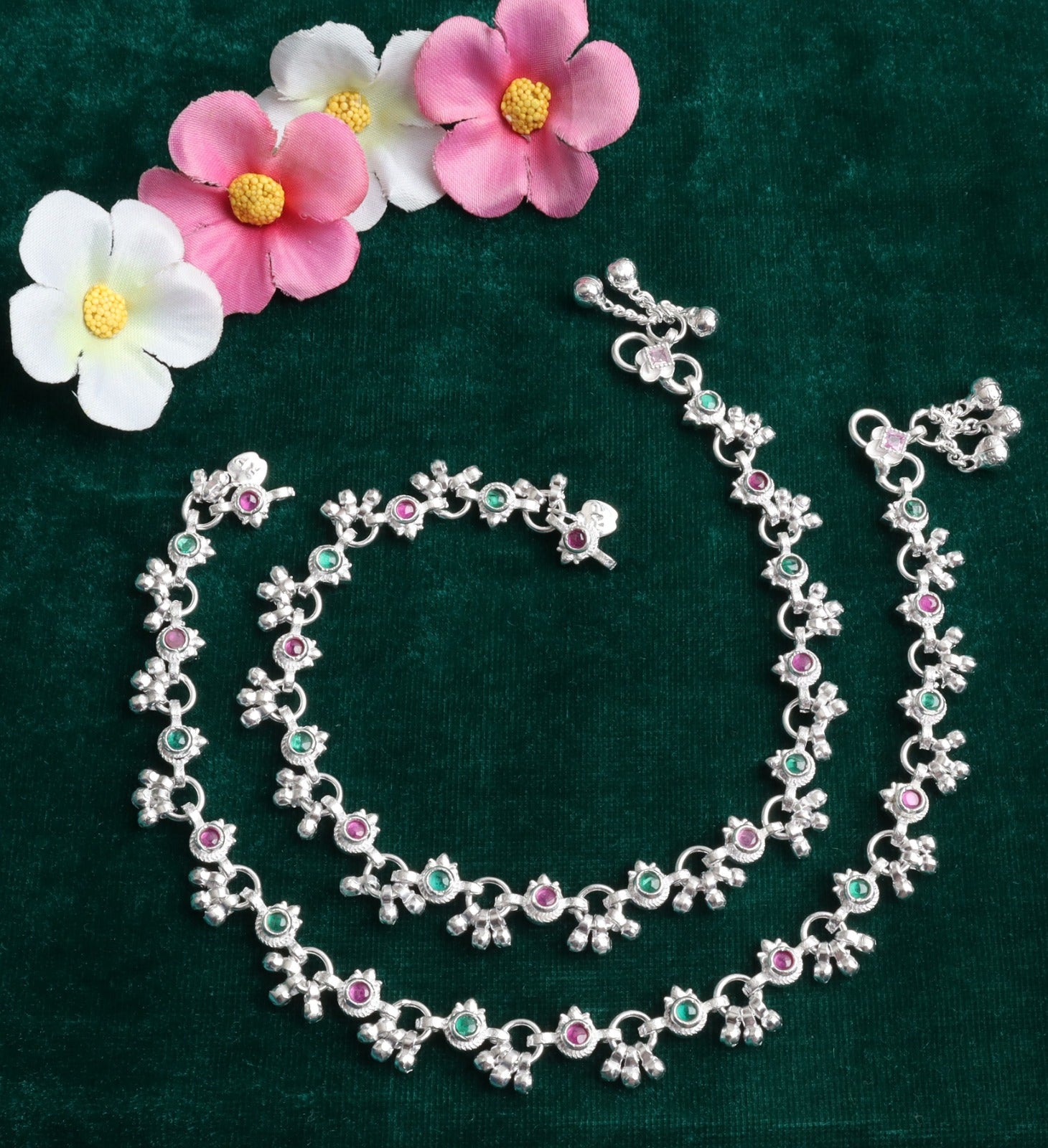 Premium German Silver White Metal Payal with Multicolor Stone Design & Elegant Traditional Finish