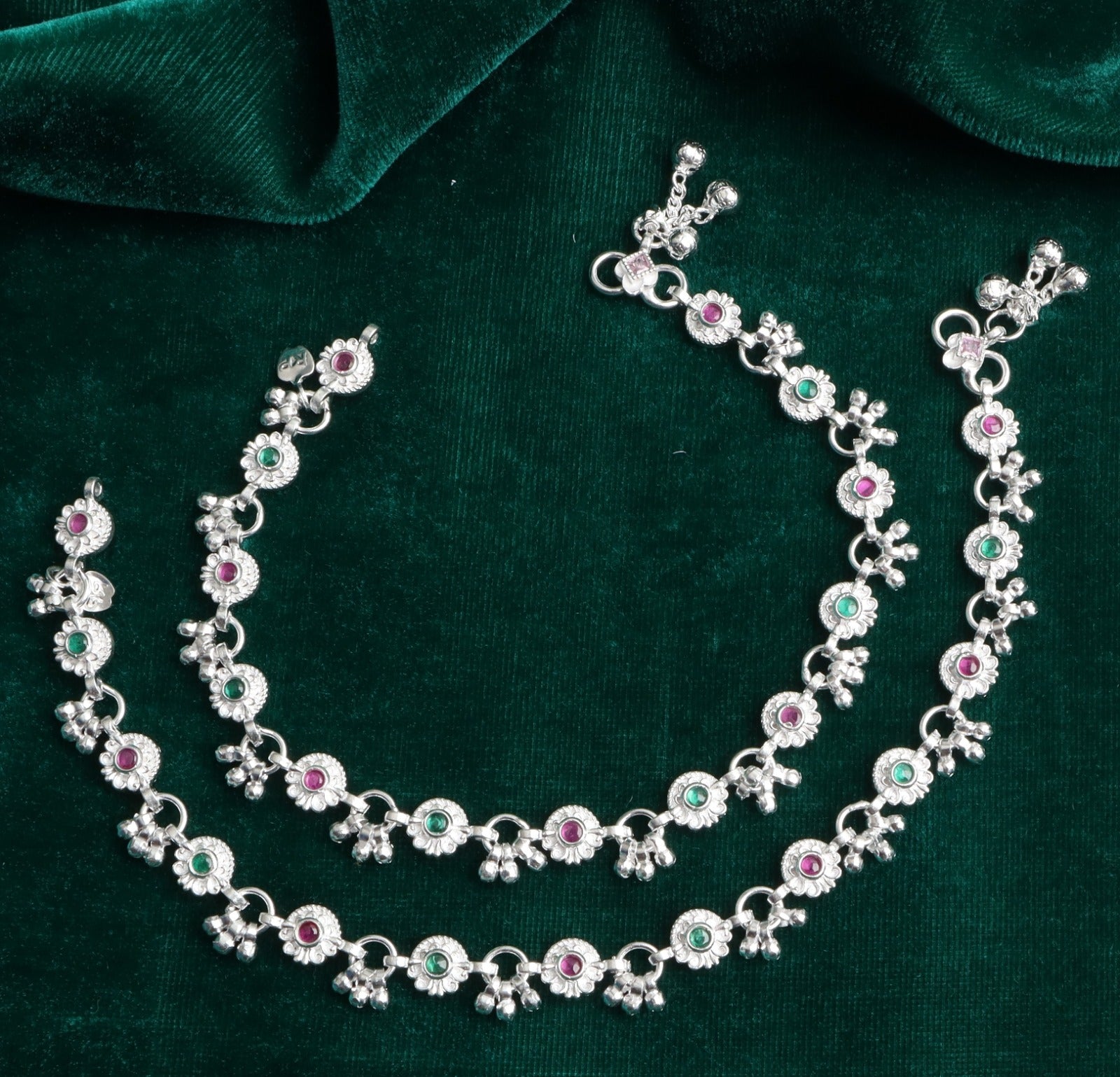 Premium German Silver White Metal Payal with Multicolor Stone Design & Elegant Traditional Finish