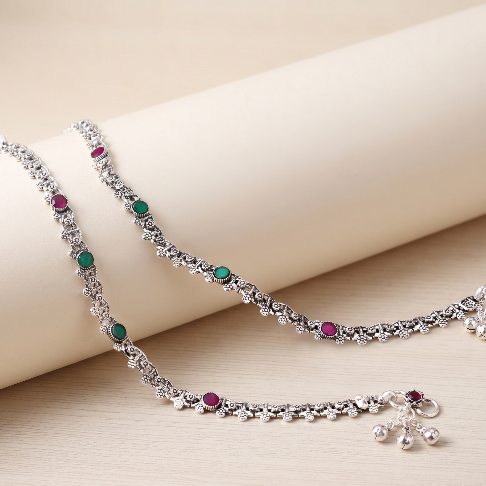 Antique Oxidized Ruby & Emerald Chain Payal by Radhe Payal