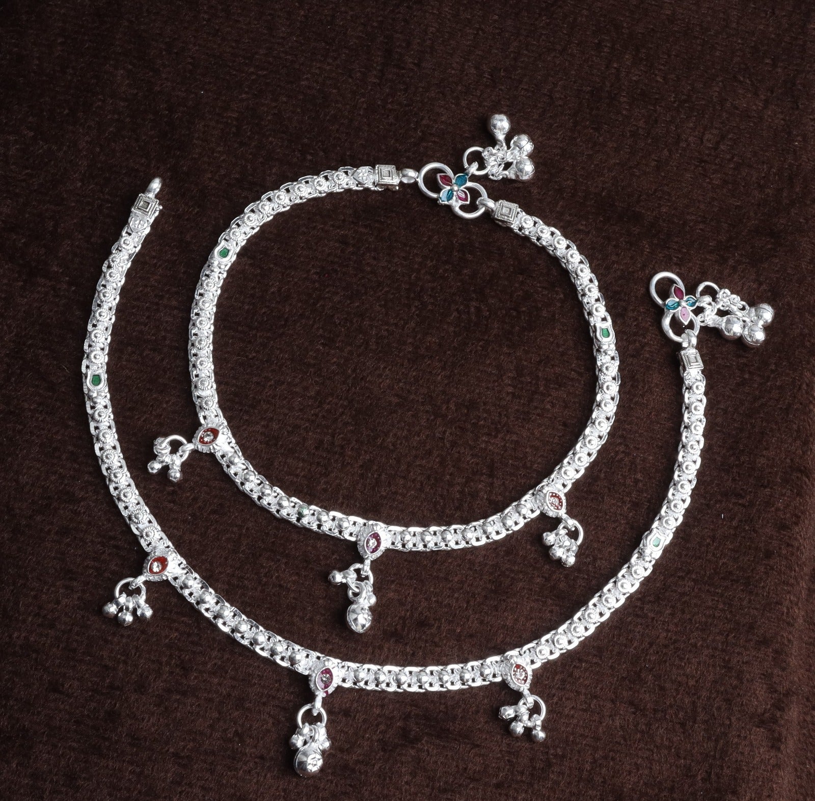 Premium German Silver White Metal Heritage Payal with Multi-Color Accents
