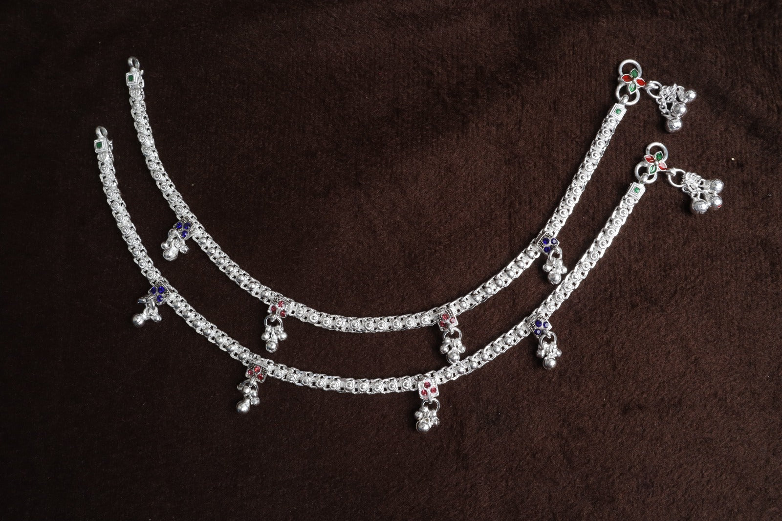 Premium German Silver White Metal Heritage Payal with Multi-Color Accents
