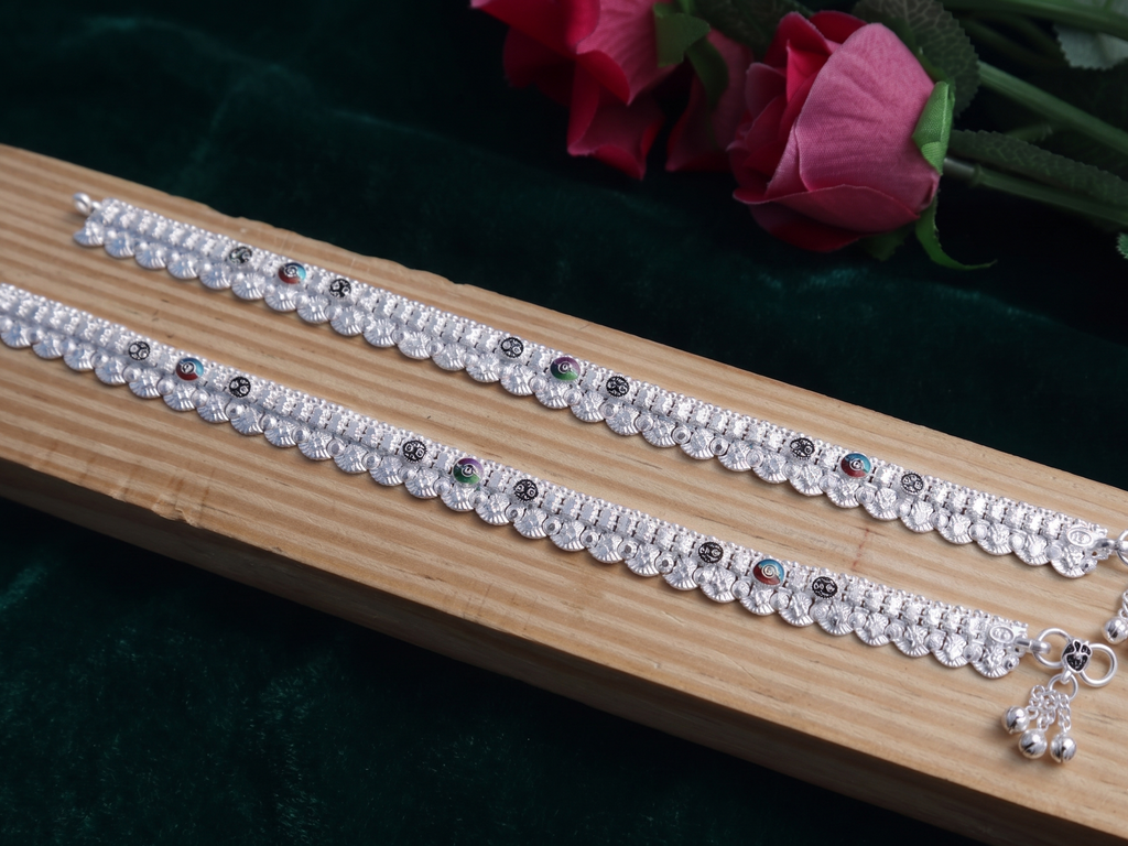 R Plus German Silver Mina OXO Anklets - Oxidized White Silver Plated Wide Payal (Pair)