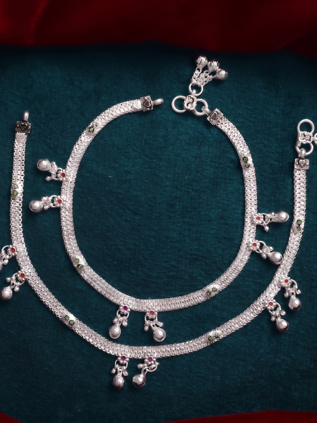 Premium German Silver Payal with Color Stone Work | Silver Plated Designer Anklet for Women & Girls