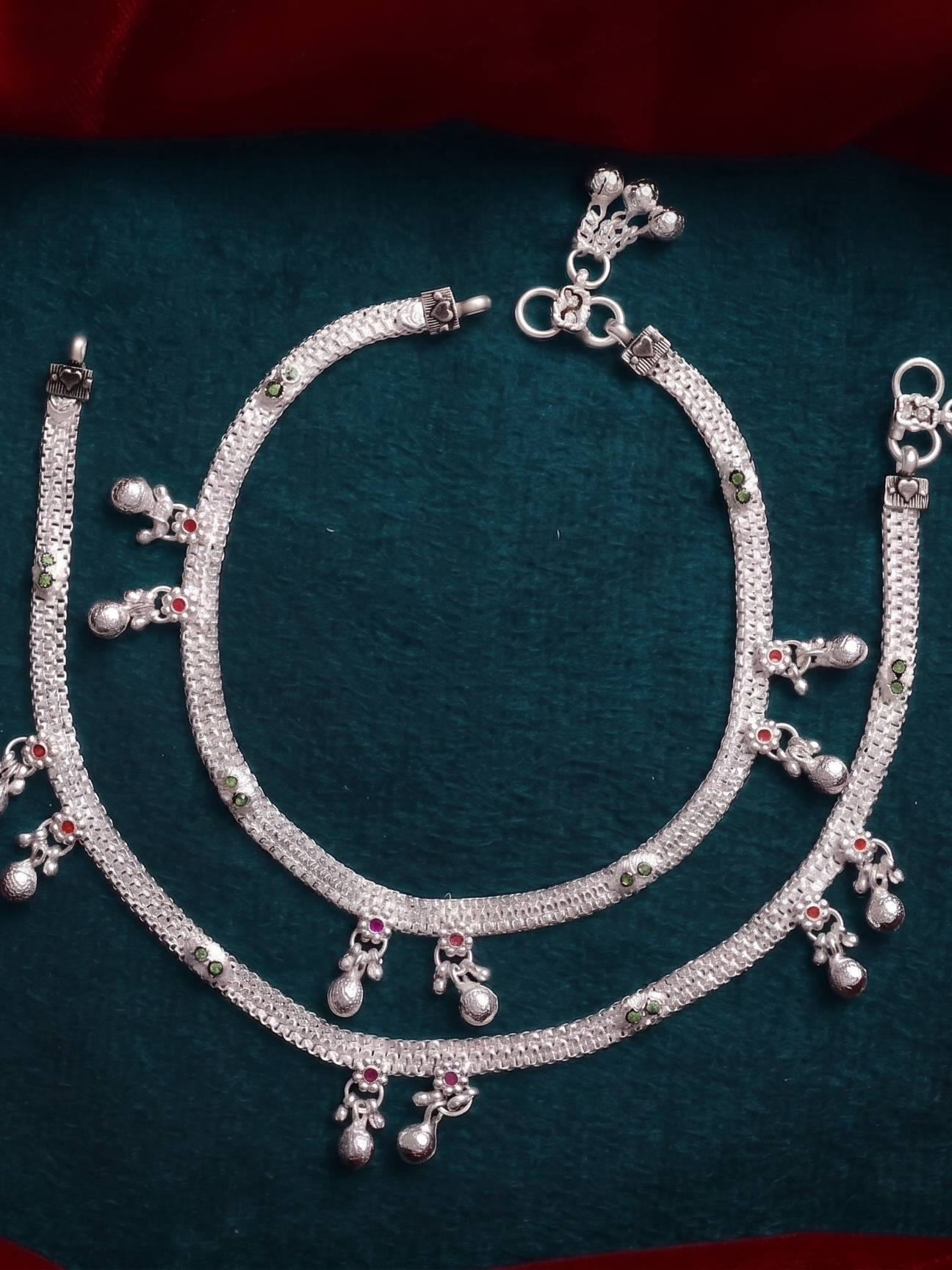 Premium German Silver Payal with Color Stone Work | Silver Plated Designer Anklet for Women & Girls