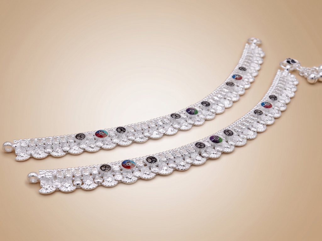 R Plus German Silver Mina OXO Anklets - Oxidized White Silver Plated Wide Payal (Pair)