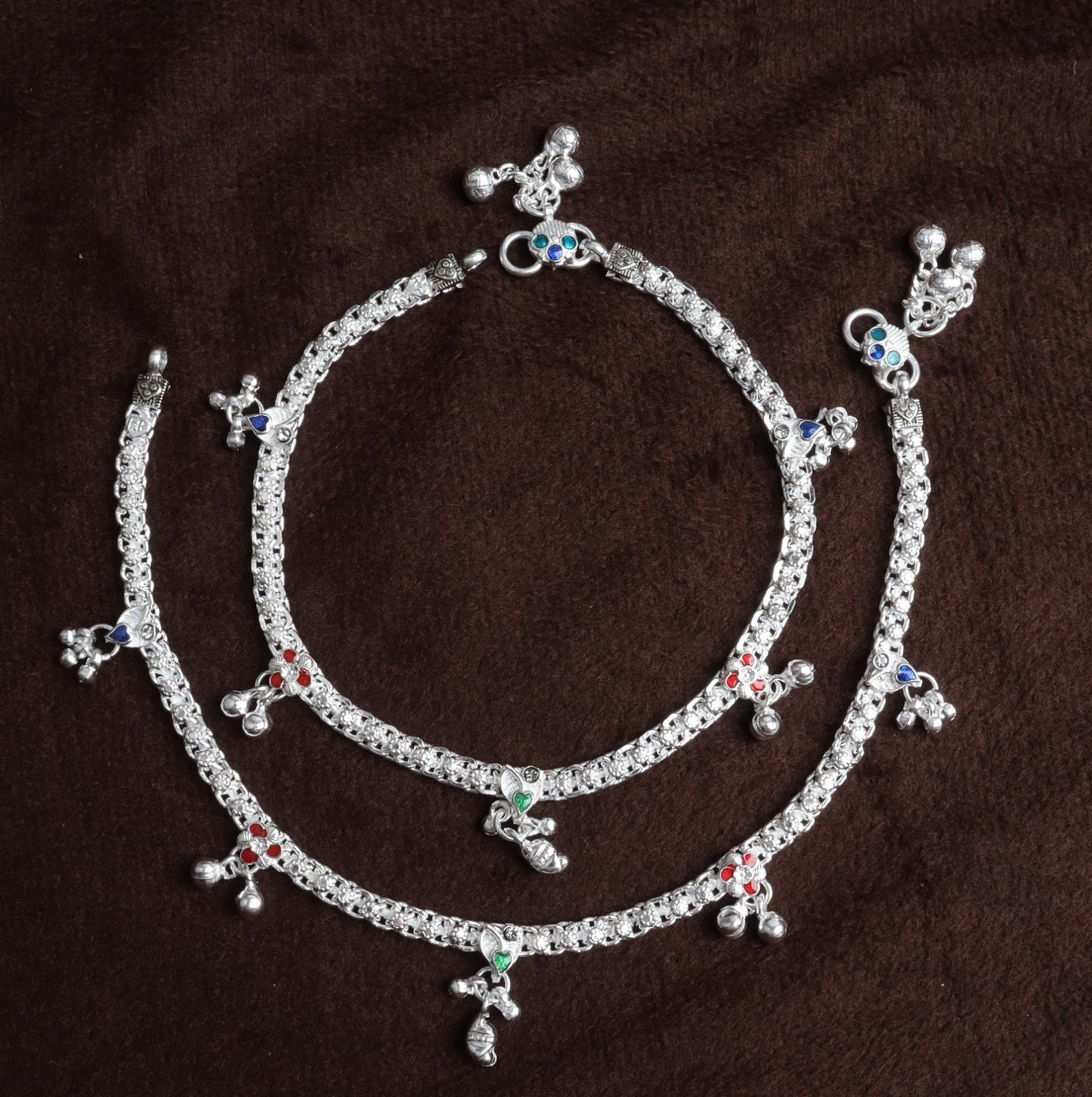 Premium German Silver White Metal Heritage Payal with Multi-Color Accents