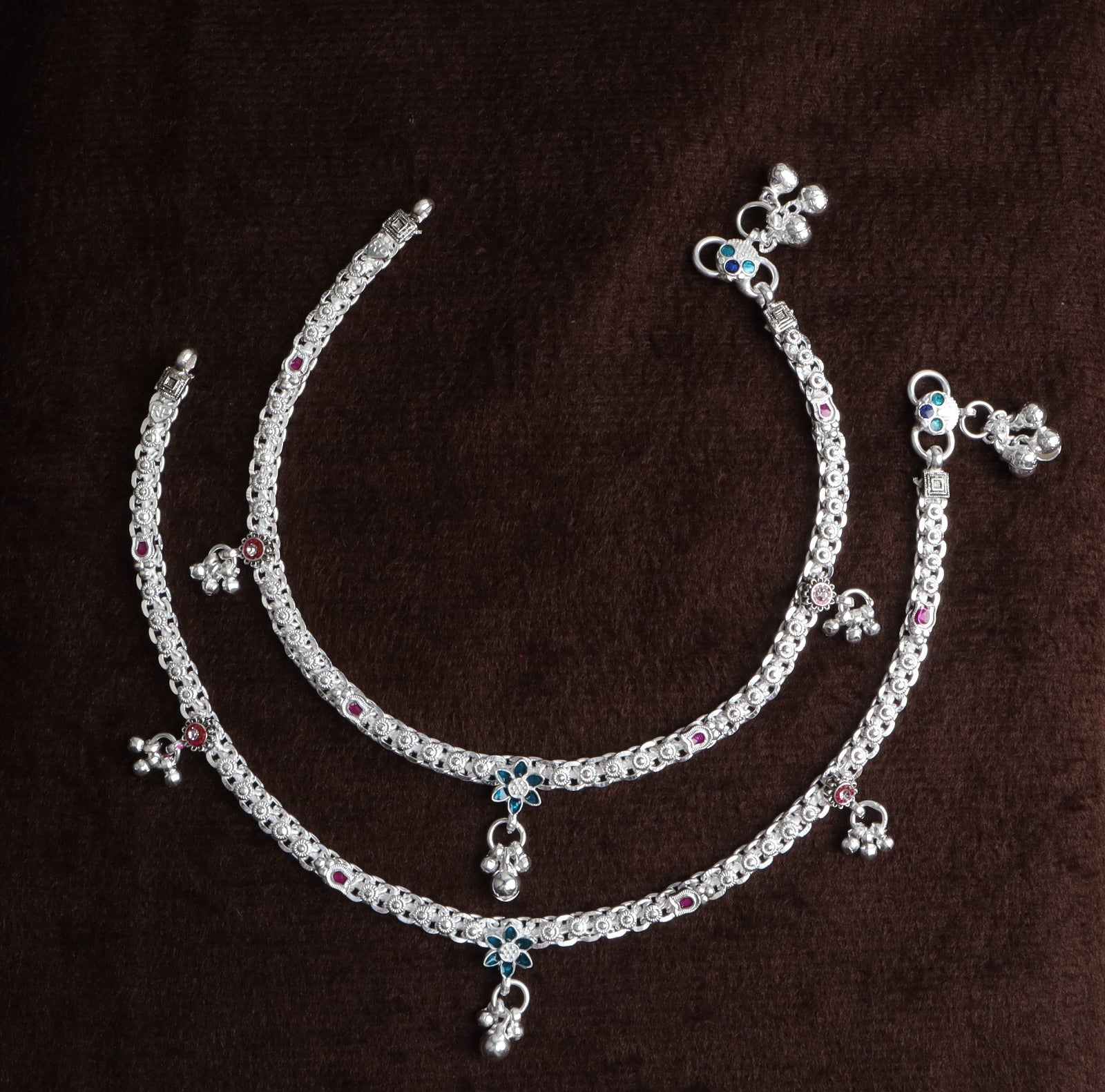 Premium German Silver White Metal Heritage Payal with Multi-Color Accents