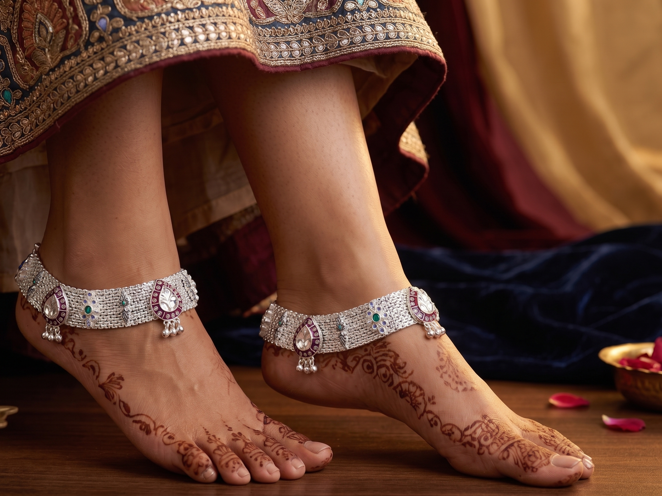 R Plus Royal Meenakari Bridal Payal - Heavy Wide Mesh Silver Plated Anklets with Maroon Enamel