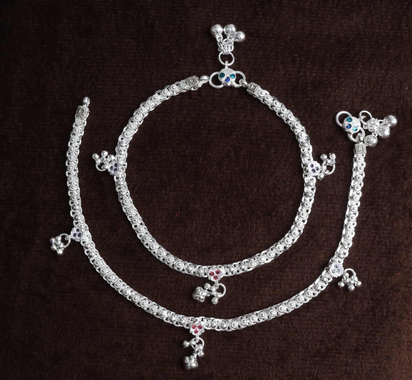 Premium German Silver White Metal Heritage Payal with Multi-Color Accents