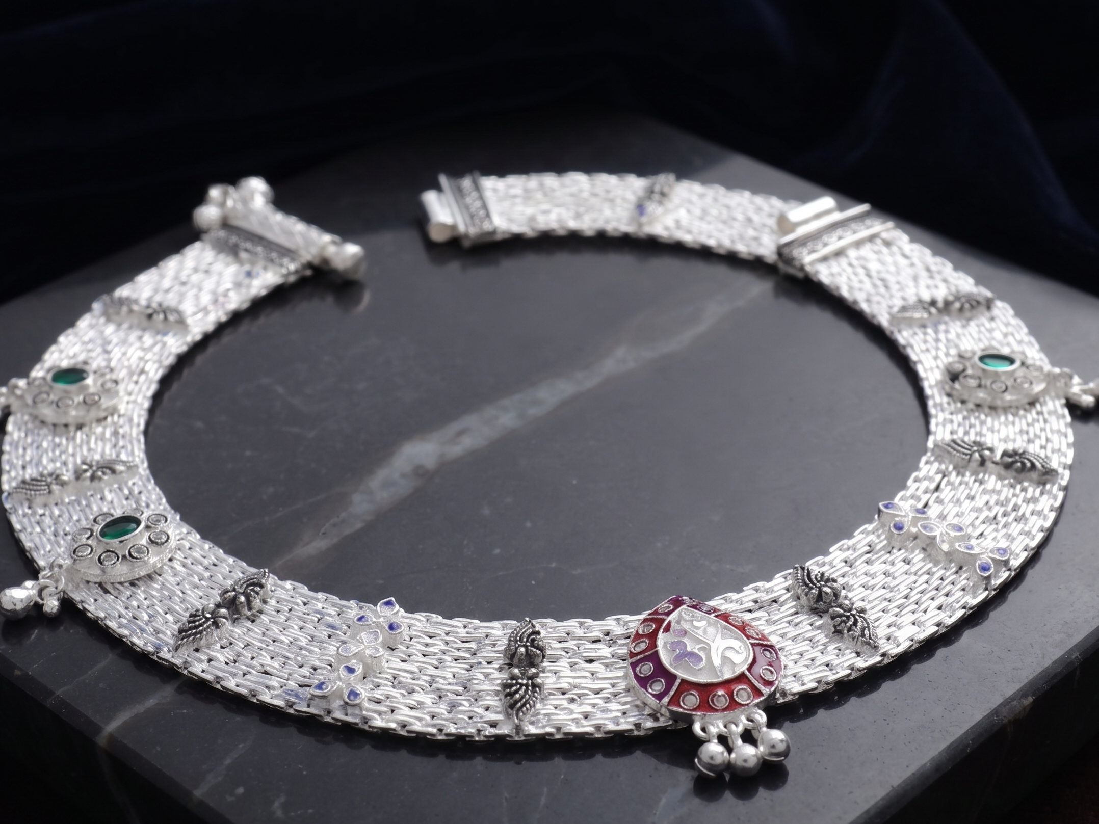 R Plus Royal Meenakari Bridal Payal - Heavy Wide Mesh Silver Plated Anklets with Maroon Enamel