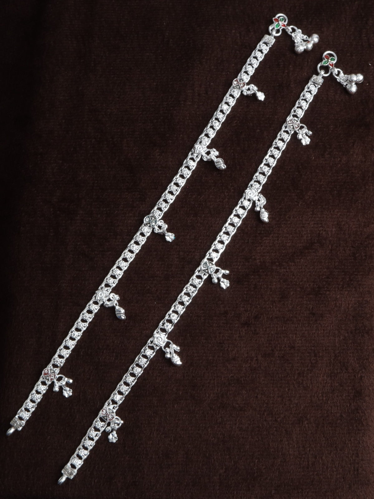 Premium German Silver White Metal Heritage Payal with Multi-Color Accents