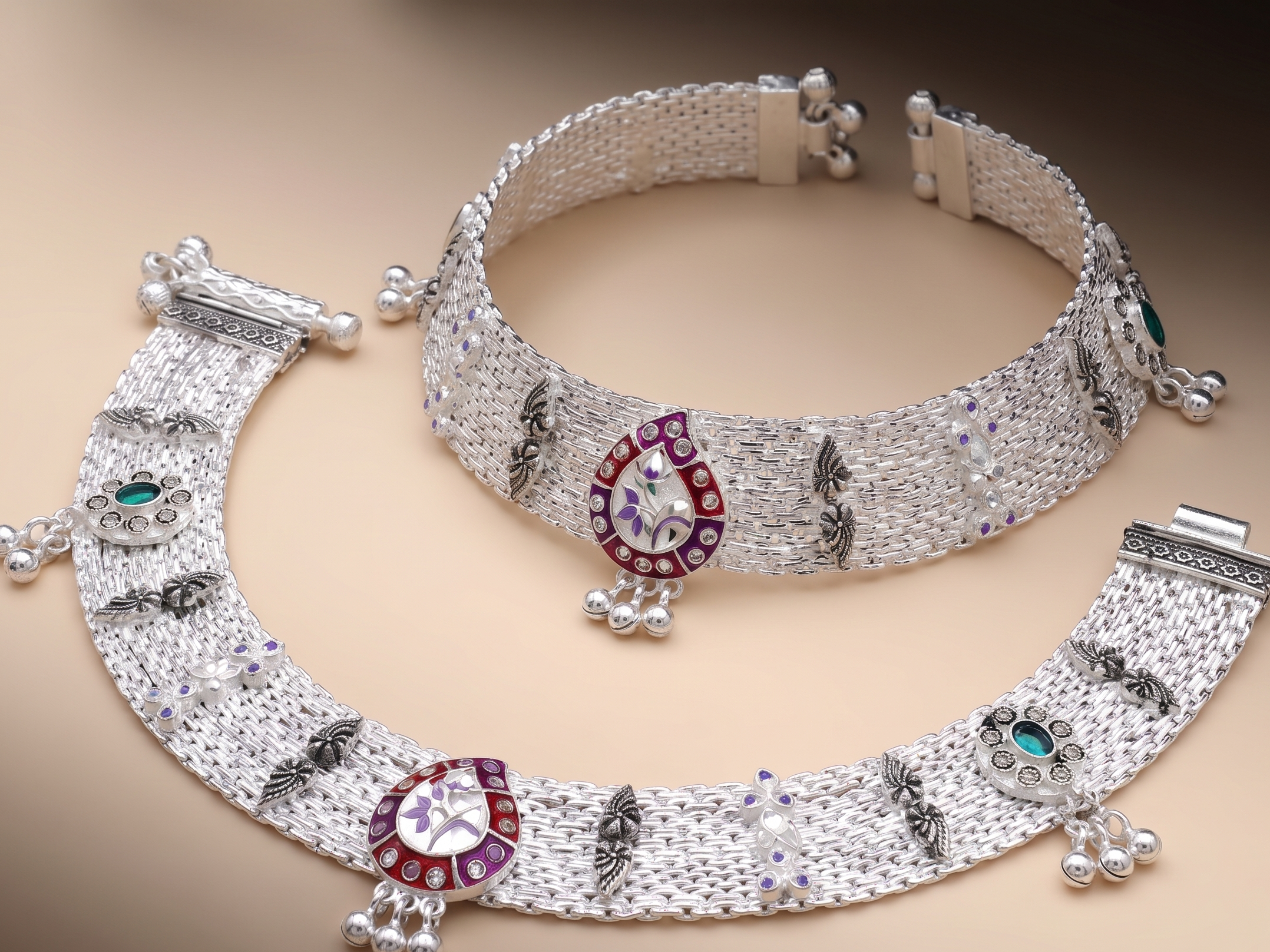 R Plus Royal Meenakari Bridal Payal - Heavy Wide Mesh Silver Plated Anklets with Maroon Enamel