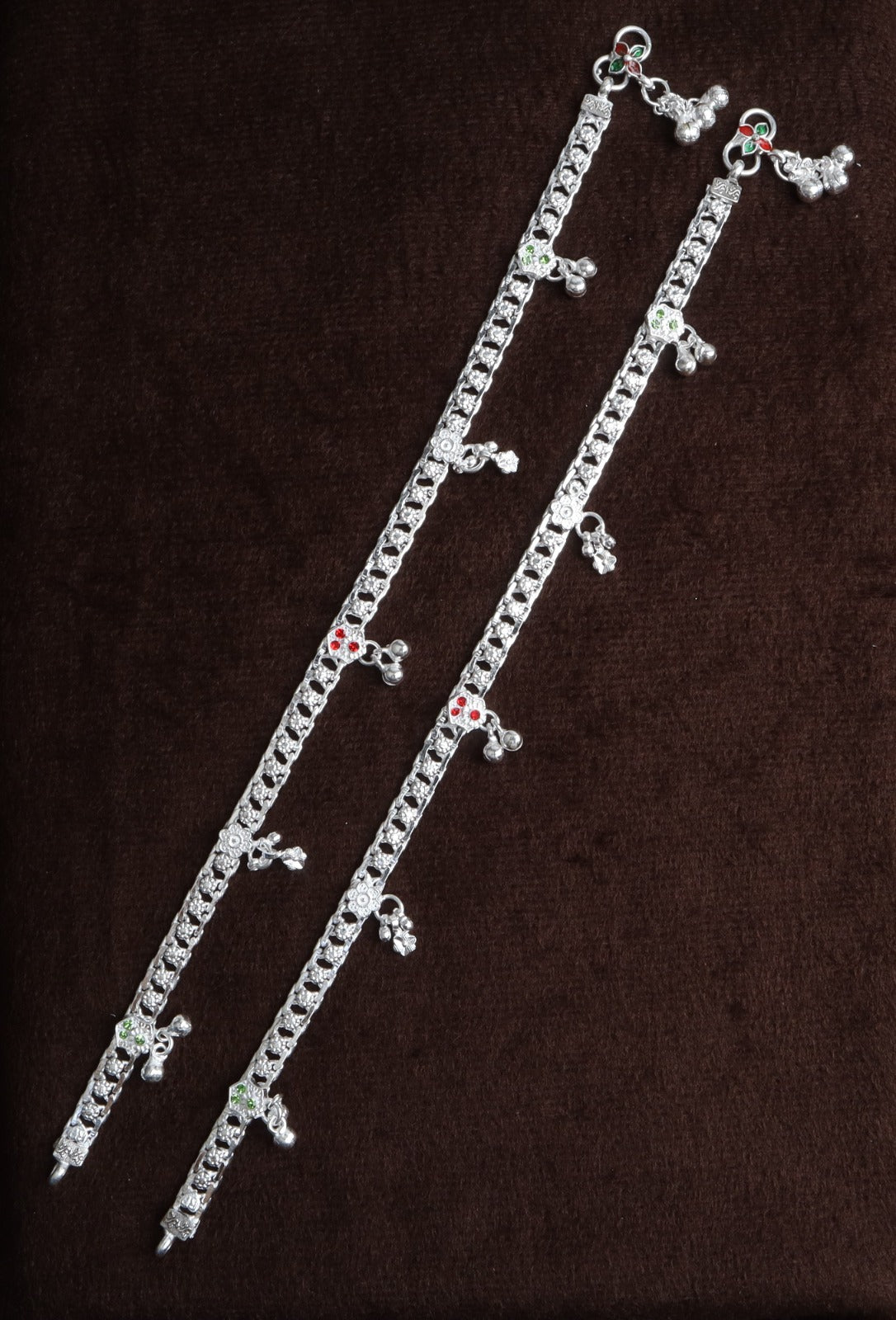 Premium German Silver White Metal Heritage Payal with Multi-Color Accents