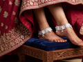 R Plus Royal Meenakari Bridal Payal - Heavy Wide Mesh Silver Plated Anklets with Maroon Enamel