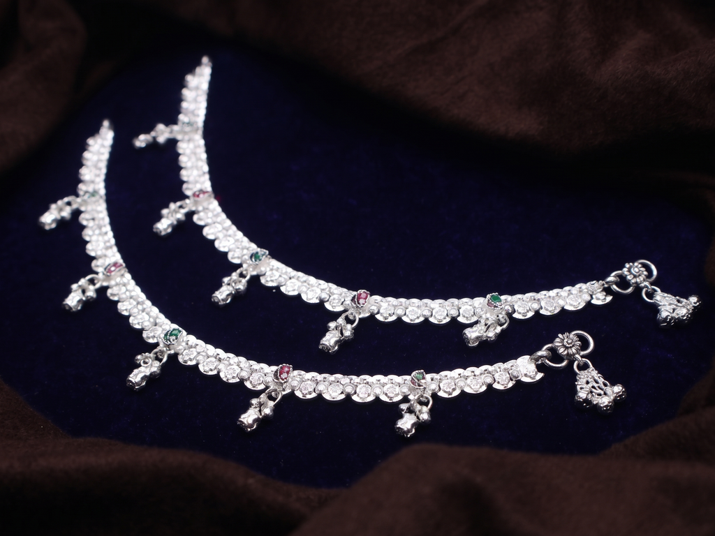 Floral Motif Silver-Plated Payal Anklets with Textured Links and Ghungroo Drops (Pair)