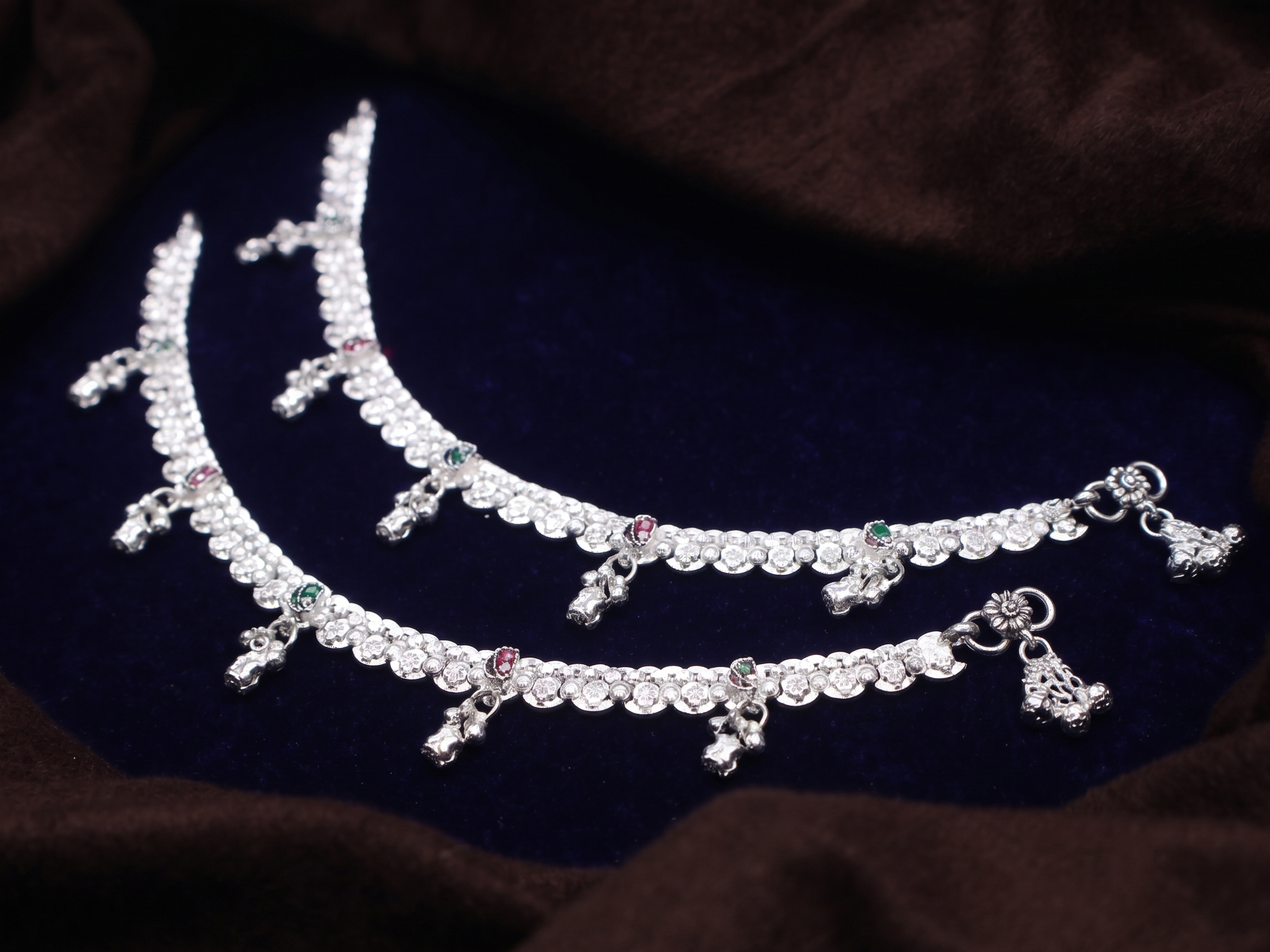 Floral Motif Silver-Plated Payal Anklets with Textured Links and Ghungroo Drops (Pair)
