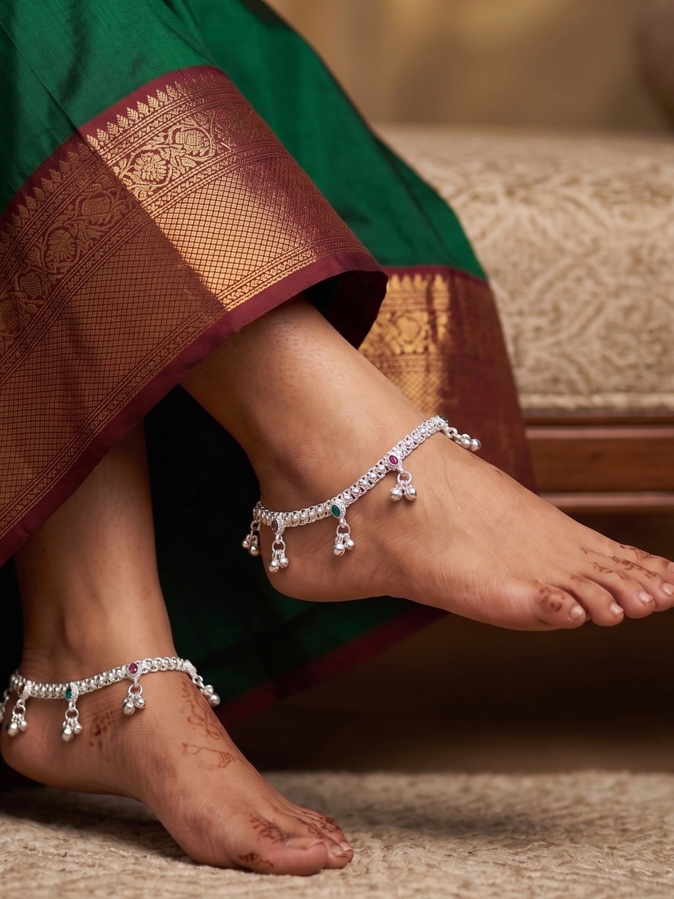 Premium German Silver White Metal Heritage Payal with Multi-Color Accents