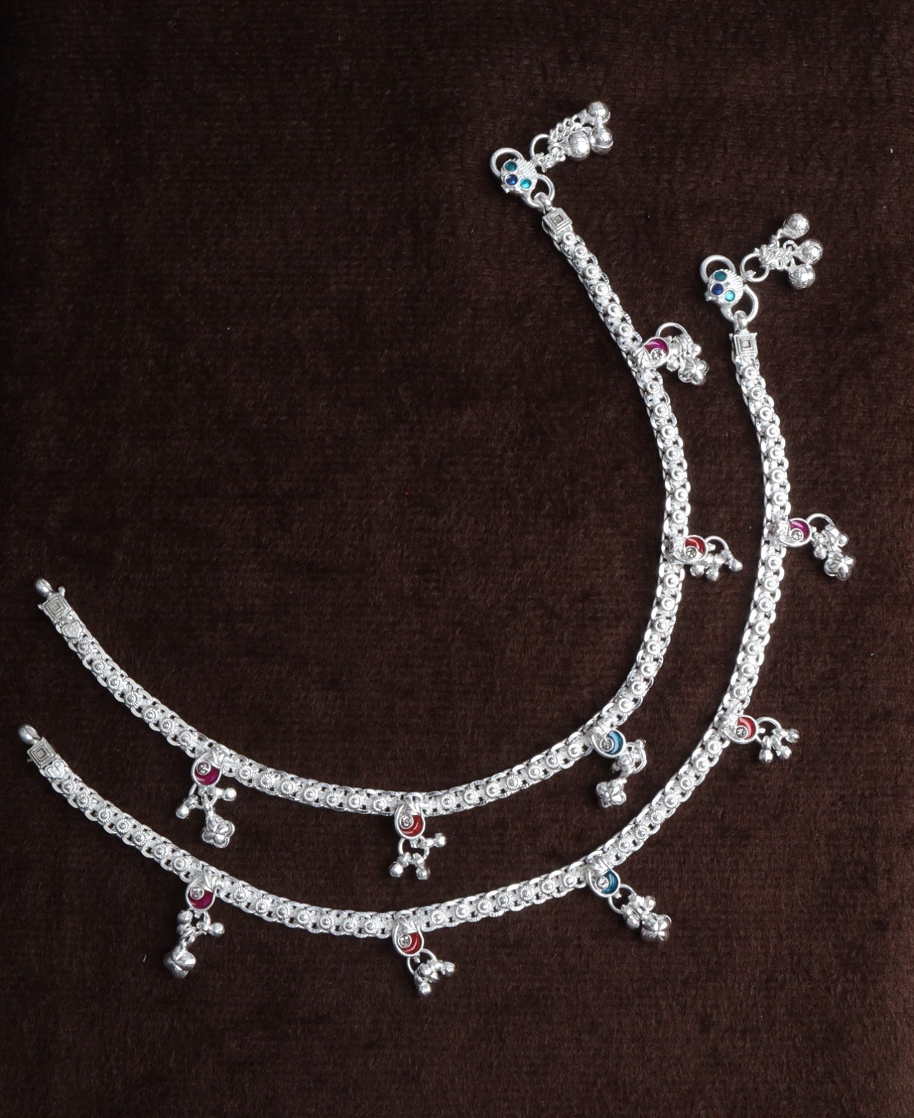 Premium German Silver White Metal Heritage Payal with Multi-Color Accents