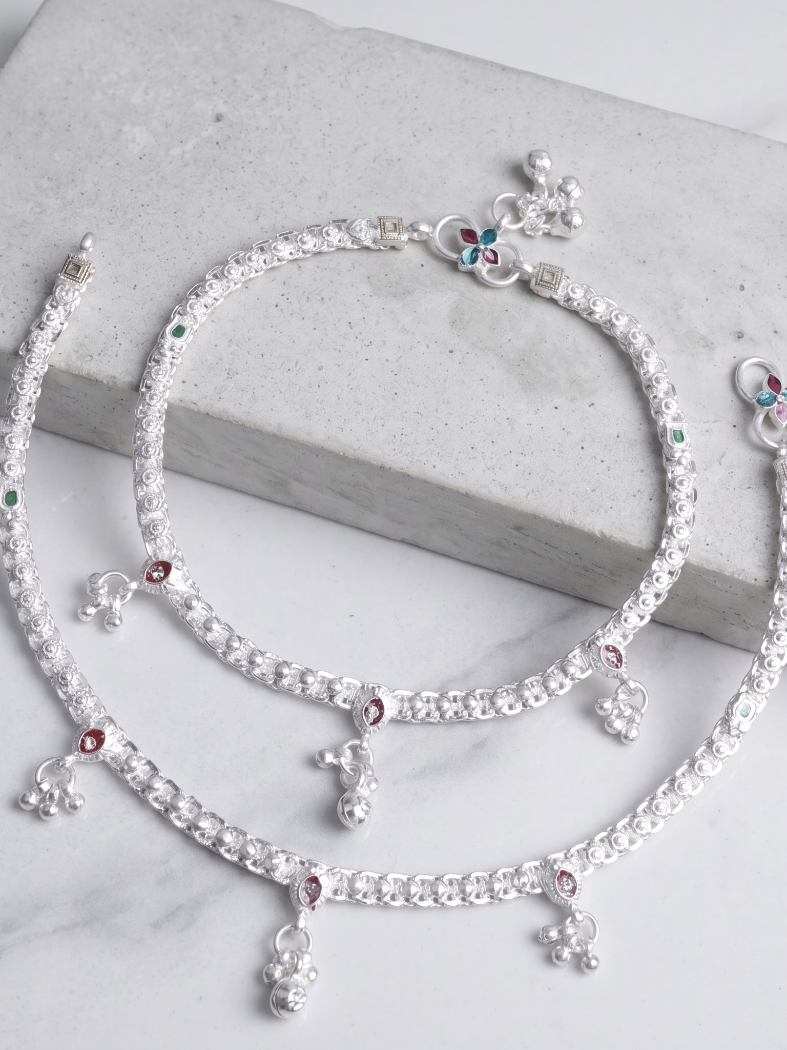 Premium German Silver White Metal Heritage Payal with Multi-Color Accents