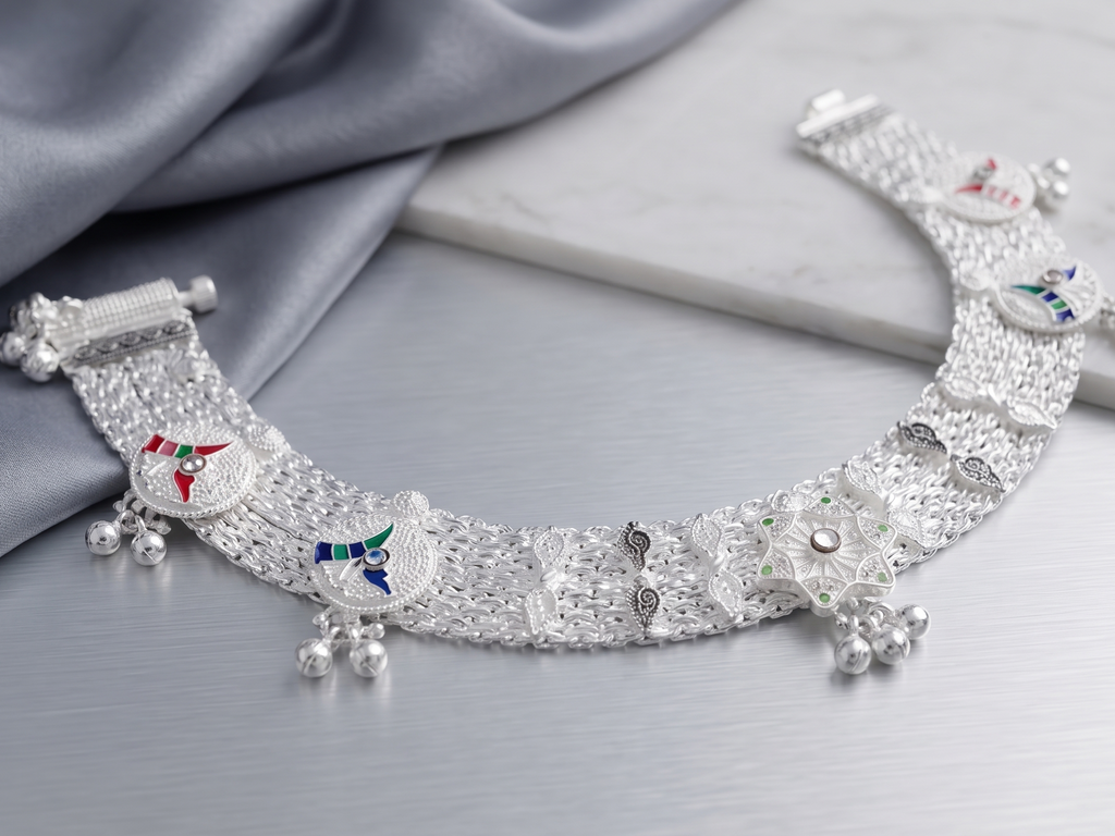 R Plus Royal Meenakari Bridal Payal - Heavy Wide Mesh Silver Plated Anklets with Maroon Enamel