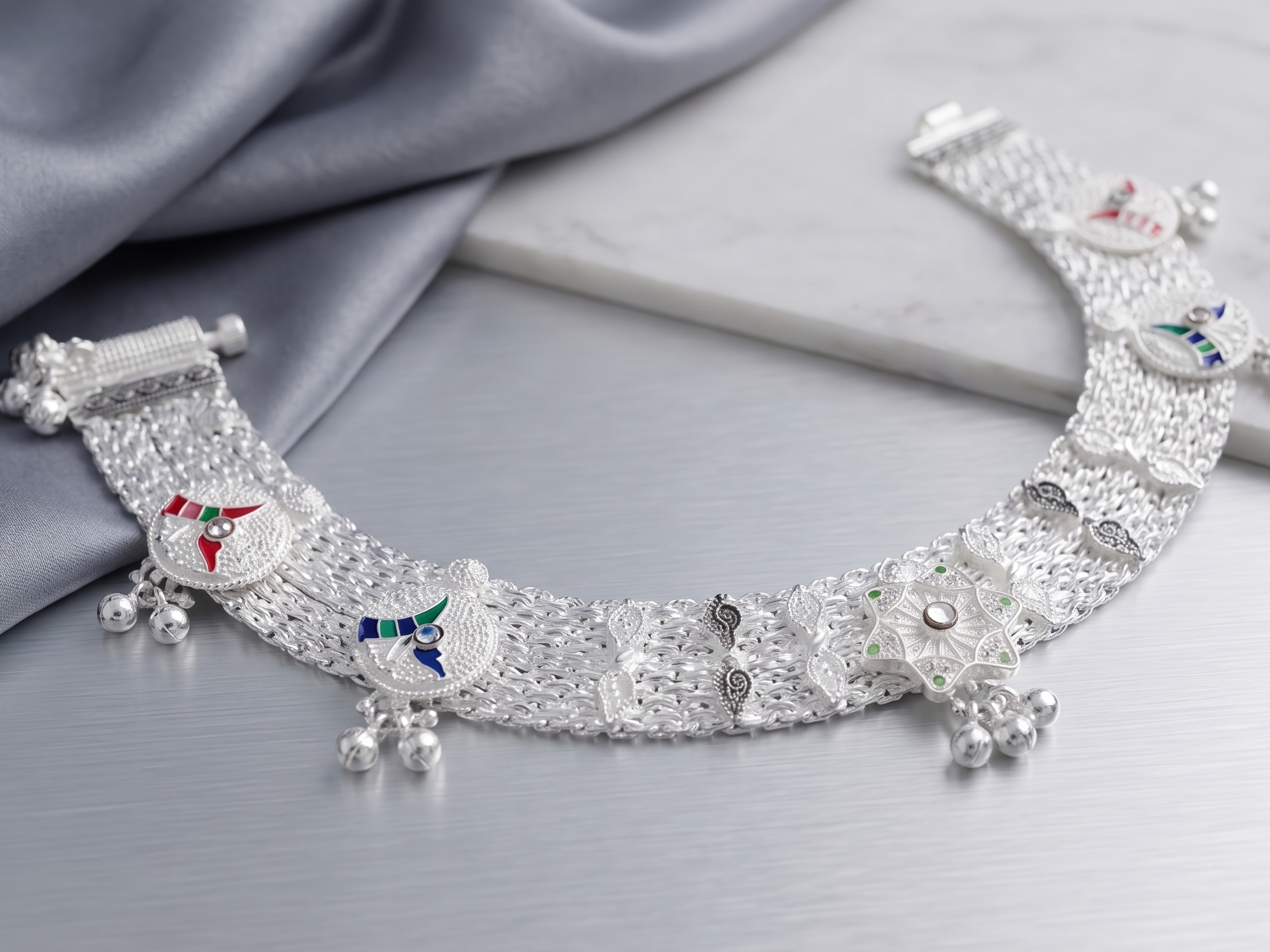 R Plus Royal Meenakari Bridal Payal - Heavy Wide Mesh Silver Plated Anklets with Maroon Enamel